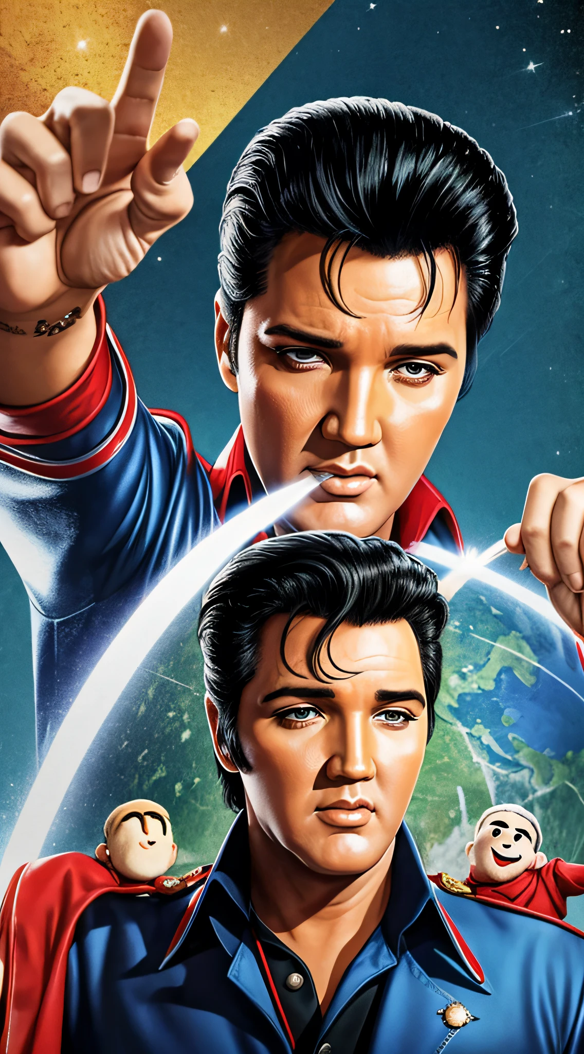 Create a visual of the conspiracy theory's impact on the world, with Elvis as the puppet master.