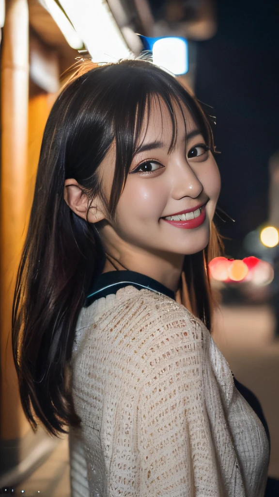 masutepiece, 8K, Best Quality, hight resolution, (photoreaslistic:1.2), 1girl in, (japanaese girl:1.25),(Upper body/Detailed face/Adorable smile), Cinematic(20yr old), (night view, look back) , (girlfriend)