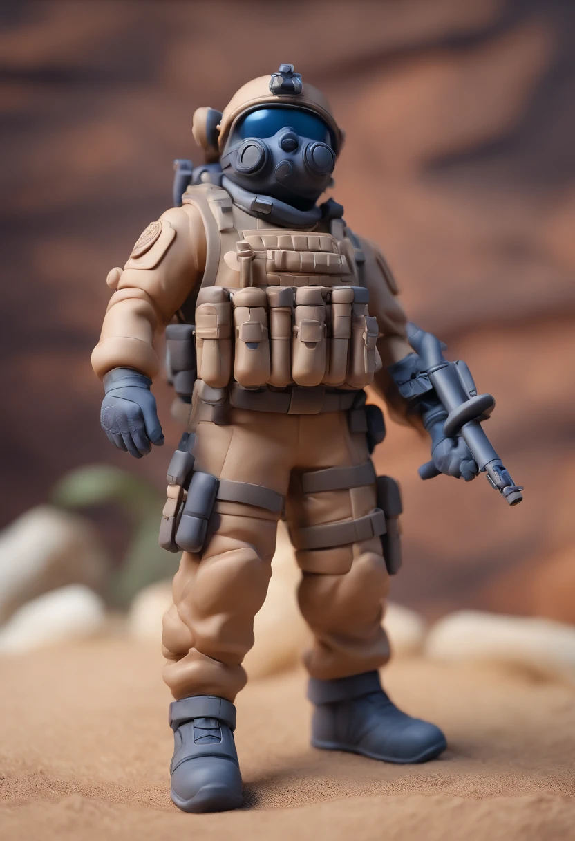 navy seal, Clay material, Cartoon design style, pop mart, Soft lighting, Smooth lines, tilt shift lens, Detailed science fiction illustration, Hyper-realistic details, warm color