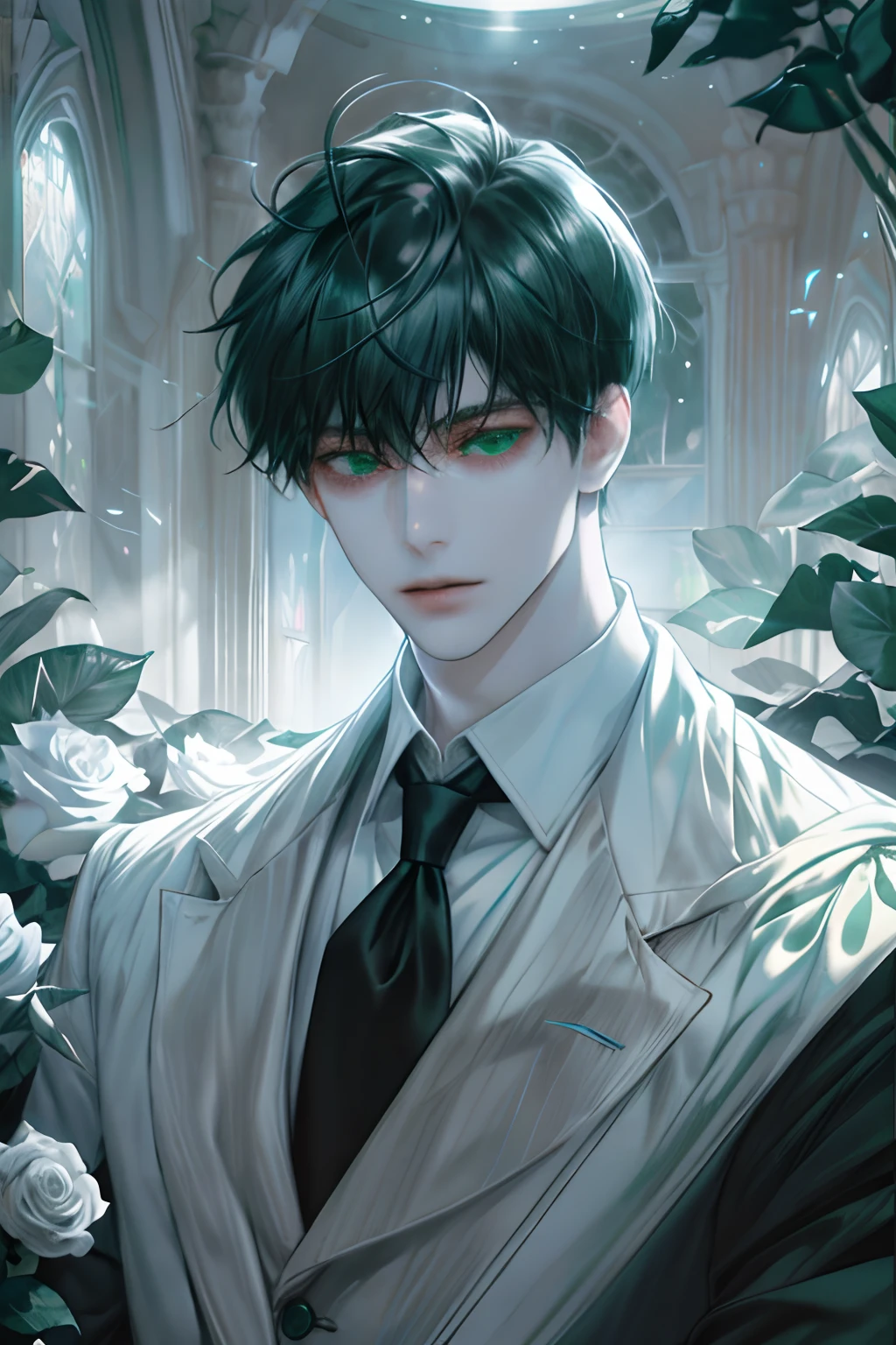 1boy,male,young man,Pale teenager,Rose blanche,white shirt,bandagens,Low screen contrast,High brightness,black light hair,green eyes, softlighting,soft focus,misterious,romanticism lain, Impressionism, Cinematic lighting, Close-up, hyper HD, Masterpiece, High details,