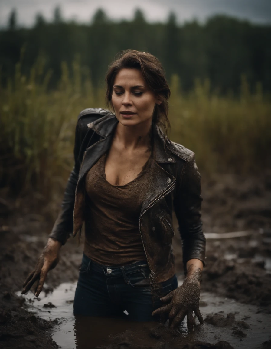 A woman sensually smears swamp mud on her body. She is dressed in jeans and a leather jacket