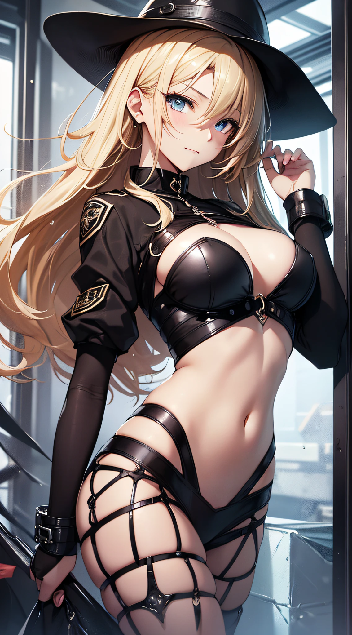 top-quality、Top image quality、masterpiece、girl with((18year old、dark outfit、prisoner、 Best Bust、Bust 85、a blond、Semi-long、Blue eyes、open chest wide、Valley、Happiness、A slender、Provocative behavior、Evil Face、Handcuffed、High laughter))hiquality、Beautiful Art、Background with((prison、Dark impression))、masutepiece、Elaborate design、visualart
