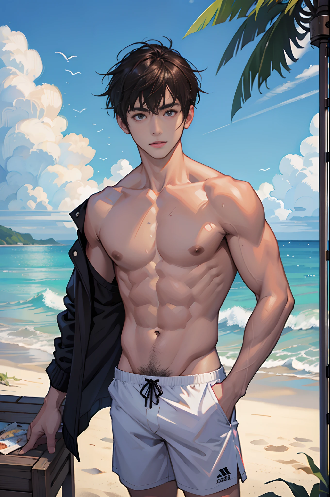 （tmasterpiece，超高分辨率，16k UHD，high qulity），low tune，lifeguard，On the beach by the sea, Small shop by the sea，standing on your feet，full bodyesbian，looking at viewert，Shirtless, swimming trunks，tmasterpiece，On a plastic chair by the sea，sitted，（brown  hair），Black eyes，Turn to the back，ssmile，Seoul，（small heads），Precise anatomy，Precise hand structure，white swim trunk，Red coat，Unity 16K wallpaper，concept-art，One guy，8K eyes，sand beach, Ice shop by the sea，（（（Mature male））），（（largeeyes：1.3）），（short detailed hair），（（1 American Bizo）），swim trunks，（photorealiscic face：1.8），broad shoulder，slips，（full bodyesbian：1.6），Male 18，