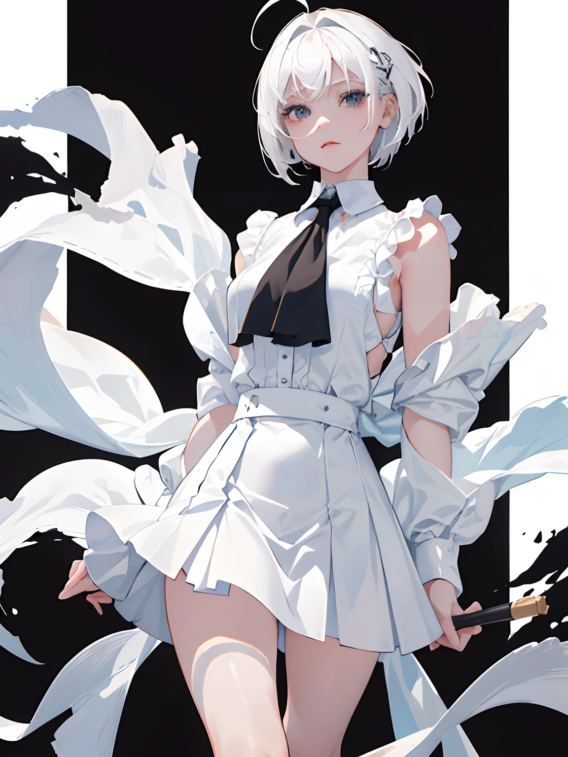 ((masterpiece, best quality)), (1girl), (solo), (female focus), (ahoge, white hair, short hair), black eyes, ((white shirt), (buttoned shirt)), ((black skirt), (short skirt)), standing, white background, arms behind back,