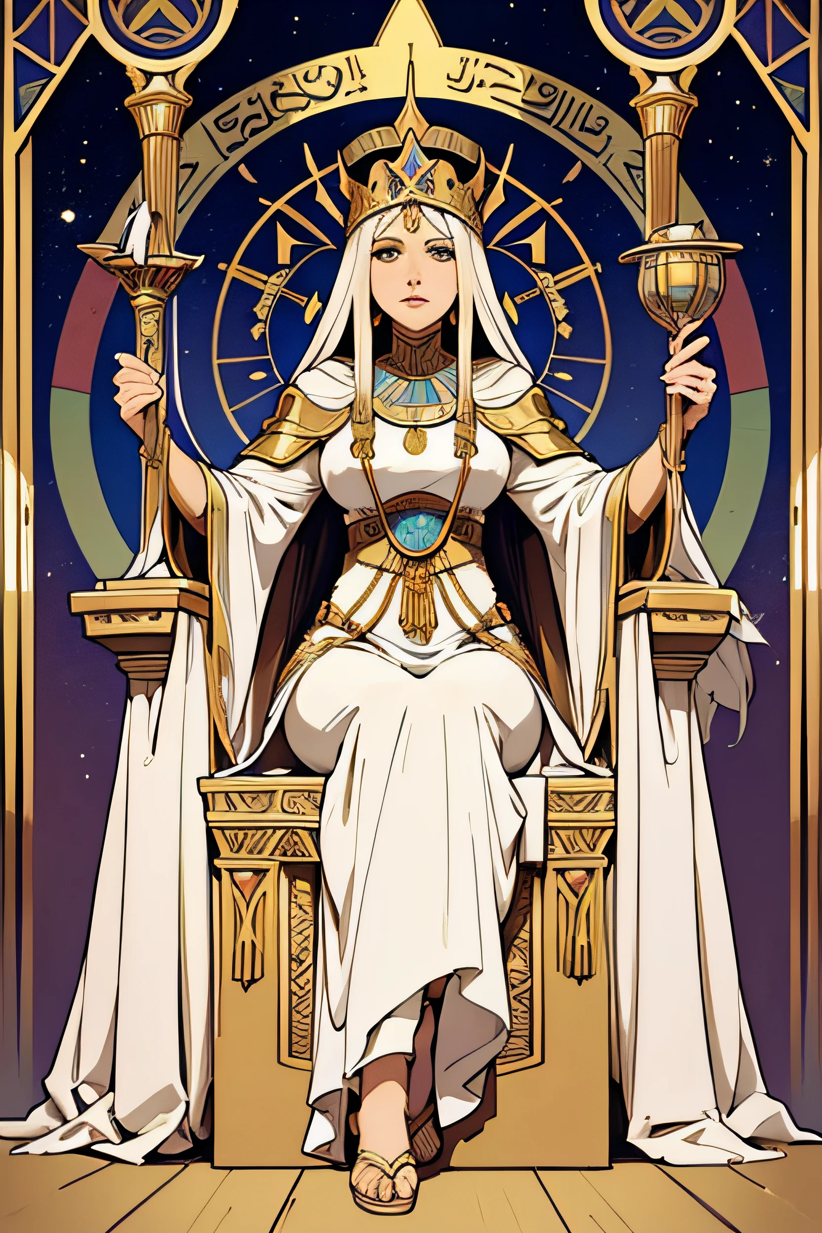 Tarot cards, High Priestess, Crown of Isis, Female Priestess, Long white robe, Hand in sync, Put your hands on your lap., Egypt, art, Alphonse Mucha, Sit in a full-body chair., Sit face straight.,