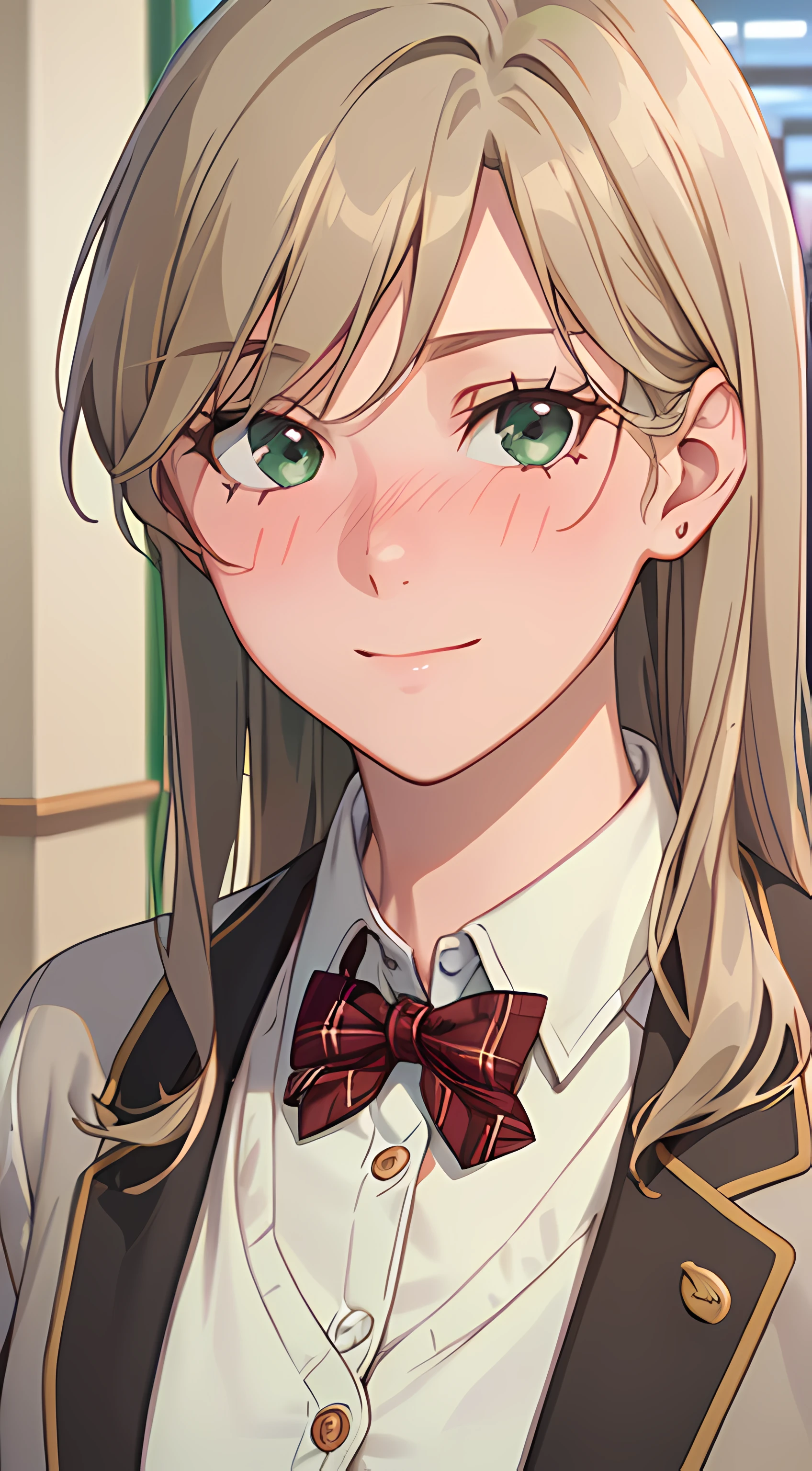 ((masterpiece, best quality, highres, UHD, perfect pixel, depth of field, 4k, RTX, HDR))), 1girl, single, solo, beautiful anime girl, beautiful artstyle, anime character, ((long hair, bangs, brown hair, curly hair:0.8)), ((green eyes:1.4, rounded eyes, beautiful eyelashes, realistic eyes)), ((detailed face, blushing:1.2)), ((smooth texture:0.75, realistic texture:0.65, photorealistic:1.1, anime CG style)), medium breasts, dynamic angle, perfect body, ((portrait, pov)), ((red bowtie, school uniform, black jacket, open jacket, brown cardigan, white shirt, black skirt, plaid skirt)), smile, amusement park