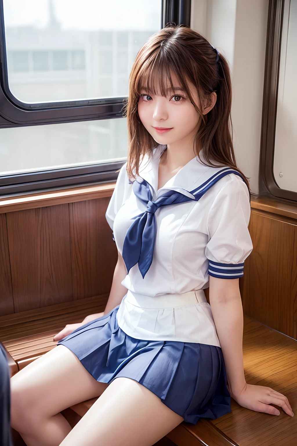 top-quality,ultra - detailed,tmasterpiece,hentail realism,photoreali,Bright lighting,1 girl in, an extremely beautiful -yeld gi (kawaii:1.2),thin smile, (Brown eyes),(A brown-haired),(By bangs),perfect glossy shiny skins,Flawless skin,((erotick,Sexy and sexually explicit)),((Precise pointers，There is no incongruity)), Large full breasts,Big breasts Thin waist, looki at viewer,((a sailor suit)),((Short sleeve uniform white shirt)),(red necktie),(Blue mini pleated skirt),(((skirt lift by yourself))),(lifted by self),(showing panties),panties on,panty focus,((Sit up,spread their legs)), sockes, (Black Knee Socks),(Loafer shoes), In the daytime,On the train,Horizontal bench seat with your back to the window