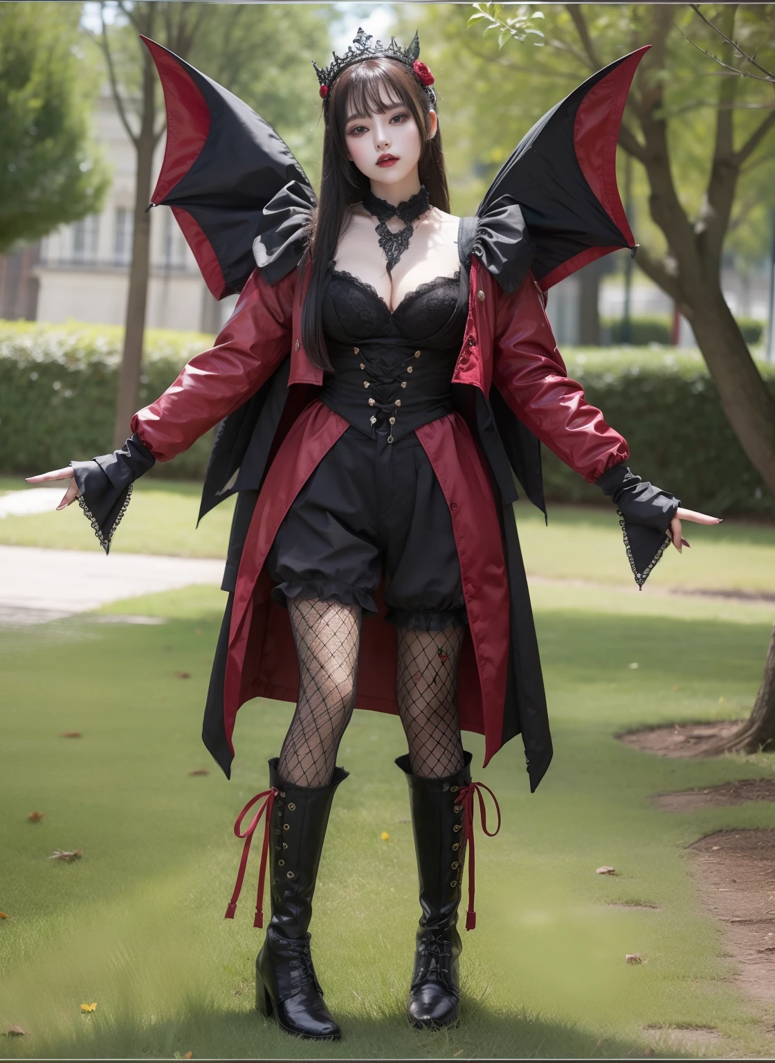 Queen of Gothic fashion、large full breasts、beautiful foot、long-haired、Decorated crimson jacket、Good Style、、fishnet tights、Shorts