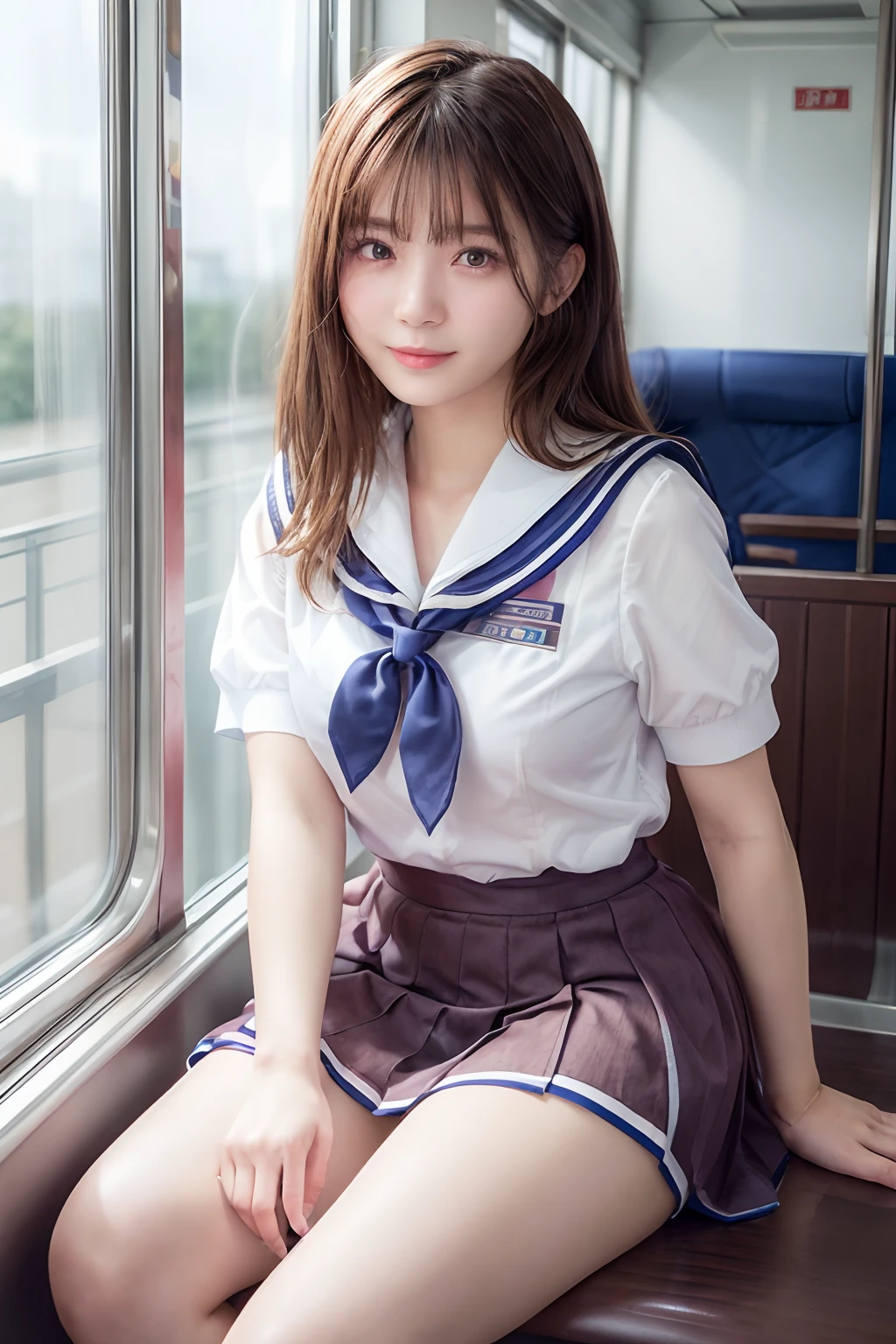 (raw, Best Quality, masutepiece:1.5), (photographrealistic, Intricate details:1.2), 超A high resolution, absurderes, 1girl in, Beautiful face, a smile,symmetrical eye, Light on Face, Front view, Short hair, Twin-tailed, (Short Student Sailor Suit:1.2), Short pleated skirt, White socks, Black shoes, medium breasts, Plump, Real skin texture, (Facing:1.2), Sitting, On the train, Shy, blush, Sunset, Bokeh, Film grain, Natural lighting, The best lighting, Detailed background, detailed shadow, Sharp Focus, Depth of field f/2,