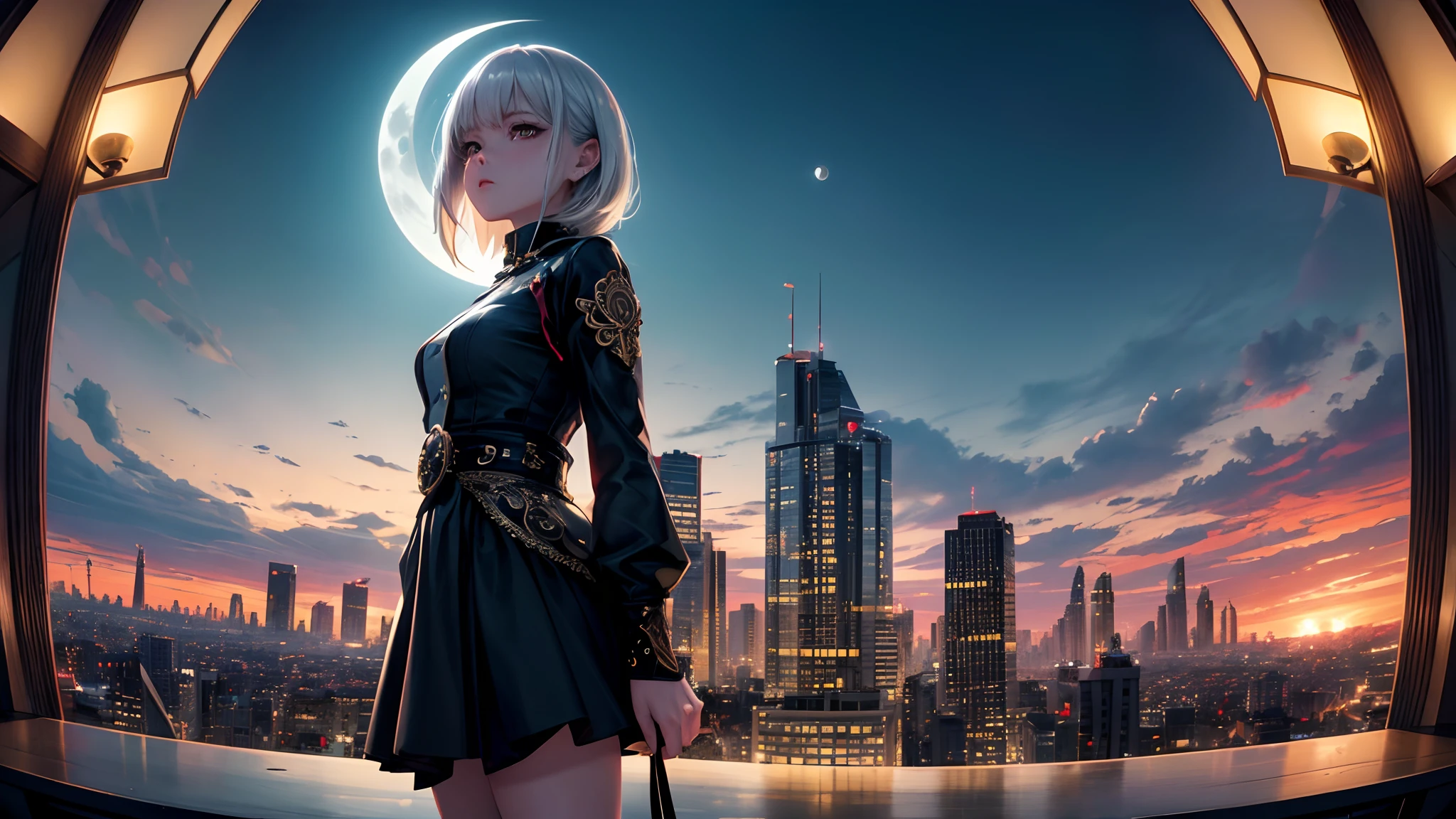 ((fisheye views)), a photo of 8k ultra realistic beautiful sad girl standing on top of building, silver hair, watching the city burn , moon night , full city visible , intricate red and light cloudy yellow , ornate, cinematic lighting, trending on artstation, 4k, hyperrealistic, focused, high details, unreal engine 5, cinematic