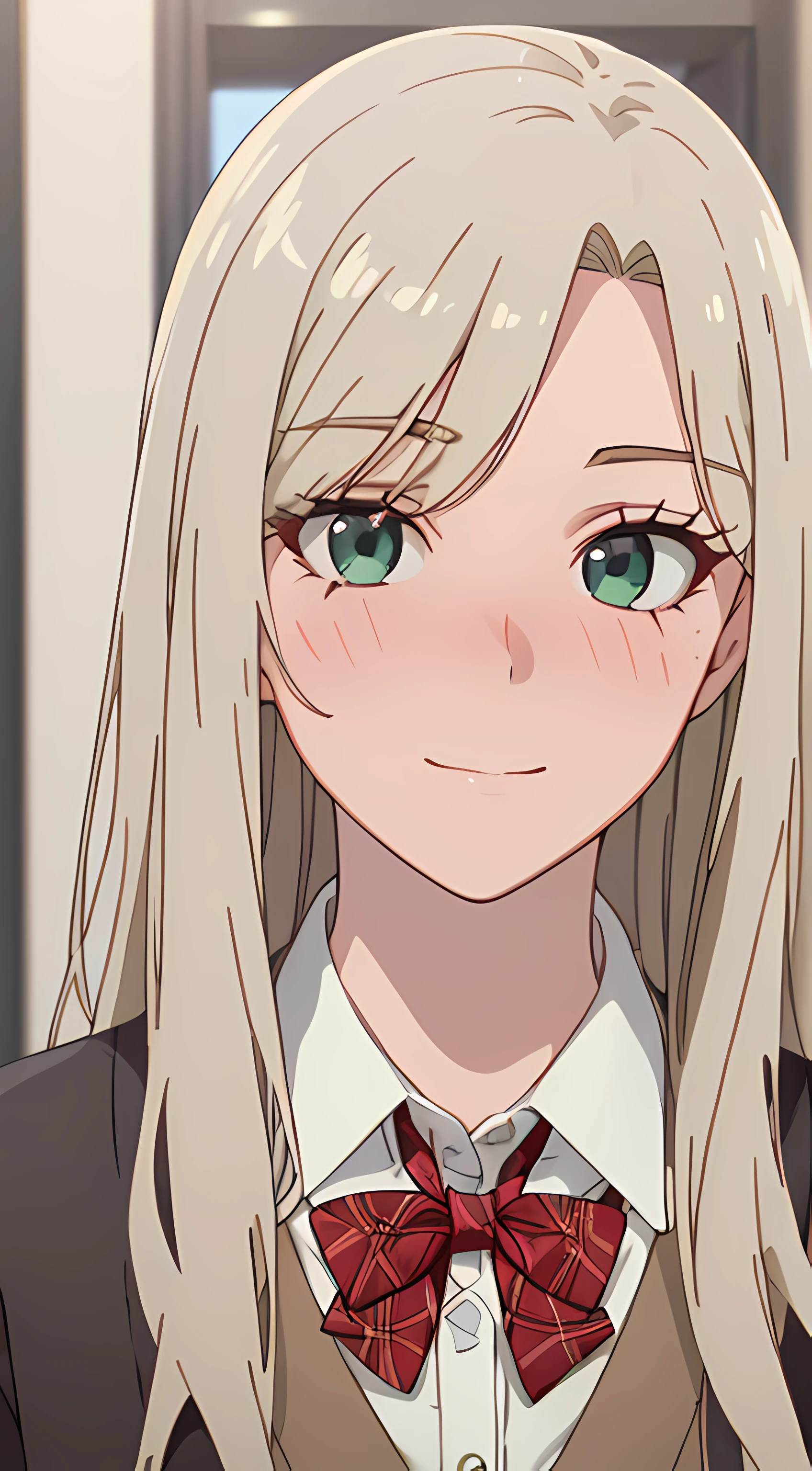 ((masterpiece, best quality, highres, UHD, perfect pixel, depth of field, 4k, RTX, HDR))), 1girl, single, solo, beautiful anime girl, beautiful artstyle, anime character, ((long hair, parted bangs, blonde hair)), ((green eyes:1.4, rounded eyes, beautiful eyelashes, realistic eyes)), ((detailed face, blushing:1.2)), ((smooth texture:0.75, realistic texture:0.65, photorealistic:1.1, anime CG style)), medium breasts, dynamic angle, perfect body, ((portrait, pov)), ((red bowtie, school uniform, black jacket, open jacket, brown cardigan, white shirt, black skirt, plaid skirt)), smile, amusement park