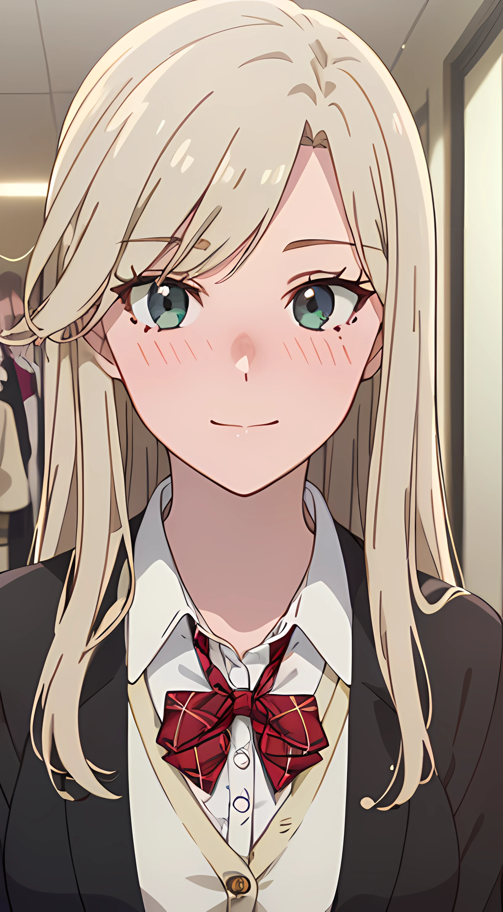 ((masterpiece, best quality, highres, UHD, perfect pixel, depth of field, 4k, RTX, HDR))), 1girl, single, solo, beautiful anime girl, beautiful artstyle, anime character, ((long hair, parted bangs, blonde hair)), ((green eyes:1.4, rounded eyes, beautiful eyelashes, realistic eyes)), ((detailed face, blushing:1.2)), ((smooth texture:0.75, realistic texture:0.65, photorealistic:1.1, anime CG style)), medium breasts, dynamic angle, perfect body, ((portrait, pov)), ((red bowtie, school uniform, black jacket, open jacket, brown cardigan, white shirt, black skirt, plaid skirt)), smile, amusement park