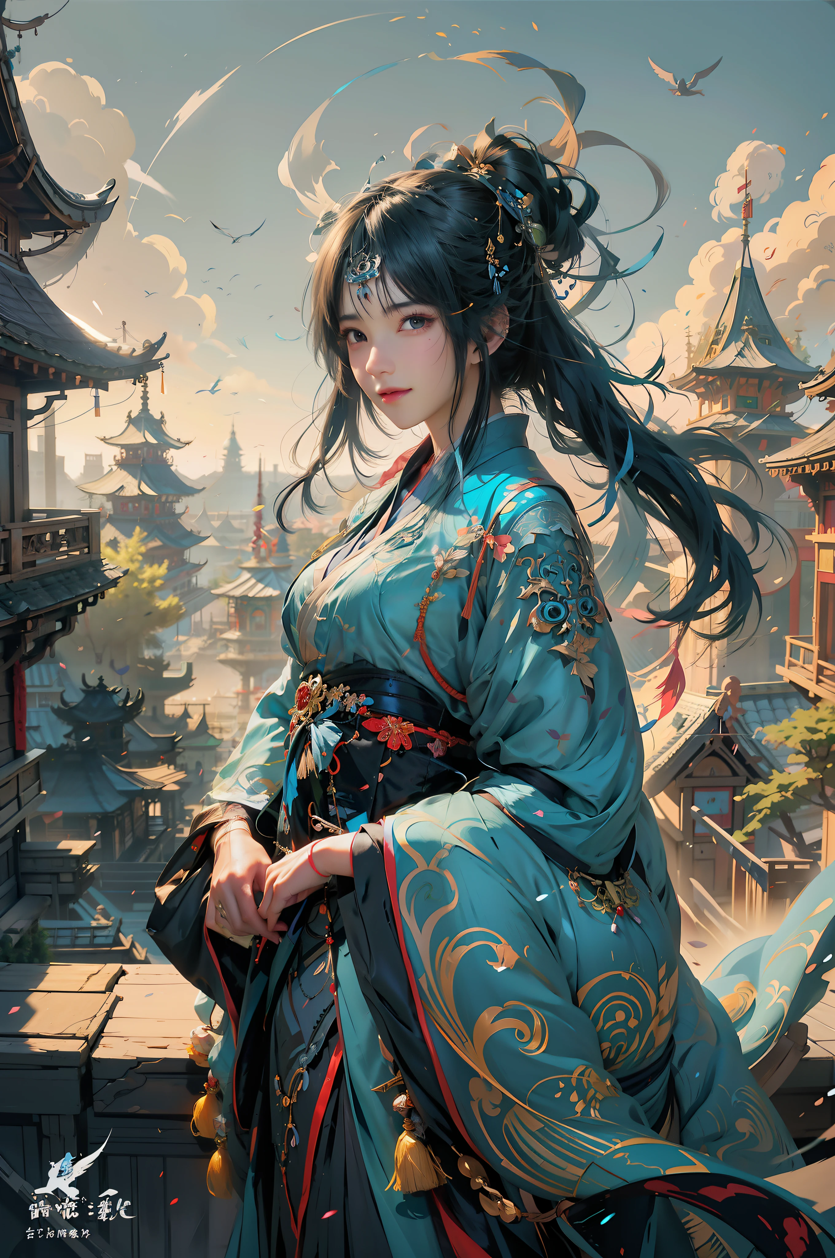 anime girl in a blue kimono dress sitting on a ledge, nice hands, nice face, nice body, alice x. zhang, artwork in the style of guweiz, ross tran 8 k, guweiz on artstation pixiv, guweiz on pixiv artstation, by Yang J, beautiful character painting, ross tran and wlop, palace, a girl in hanfu, ross tran style