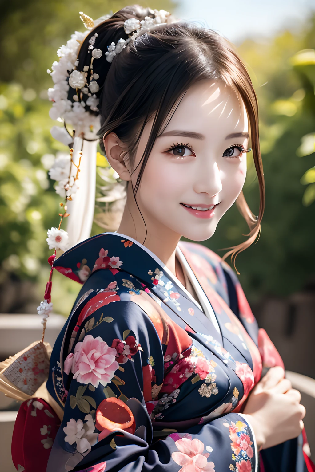 (RAW shooting:1.5, Photoreal:1.5, 8k, highest quality, masterpiece, ultra high resolution), Japan, world of magic and swords, perfect dynamic composition:1.2, Mysterious:1.3, Highly detailed skin and facial textures:1.3, Cute and sexy slim female swordsman, beautiful and aesthetic:1.2, cute and sexy beauty, perfect style, wear elaborate rings, Japan刀を振り回す:1.3, fire, water, Wind, thunder, ice, Fair skin, very beautiful face, (Medium chest, Chest gap), (embarrassing smile, The expression on your face when you feel intense caress, Facial expression when feeling pleasure), (wear kimono sexy:1.1, off shoulder, Navel exposure), (beautiful blue eyes, Eyes that feel beautiful eros:0.8), (Too erotic:0.9, Bewitching:0.9), full body shot, 背景にJapanの城