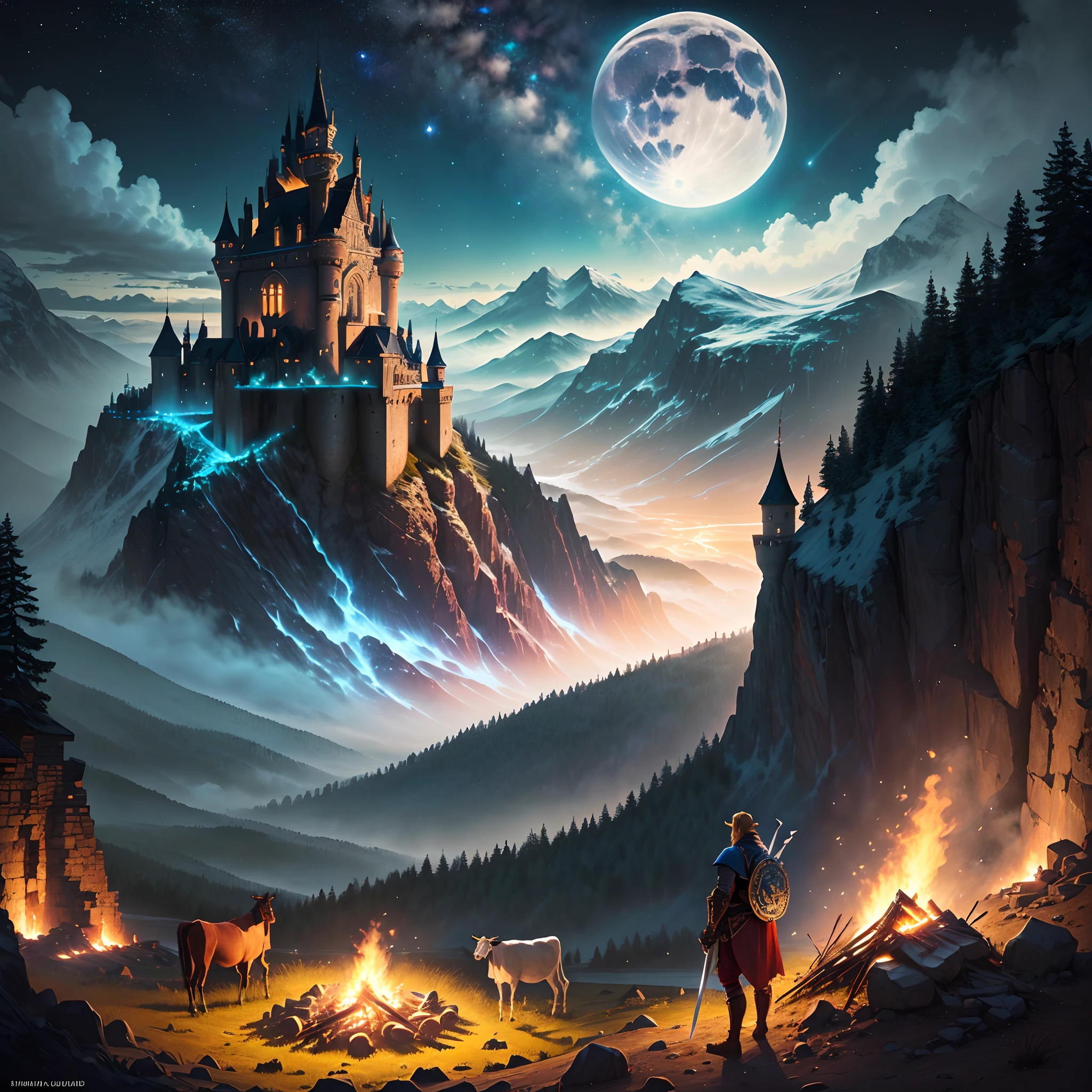 Legend of zelda, male hero holding sword, triumphant, dynamic light, mountains, night, stars, moonlight, campfire, pasture, cows in background, cattle grazing, hyper-realistic, best quality, black hair, medieval, castle on top of mountain in background,