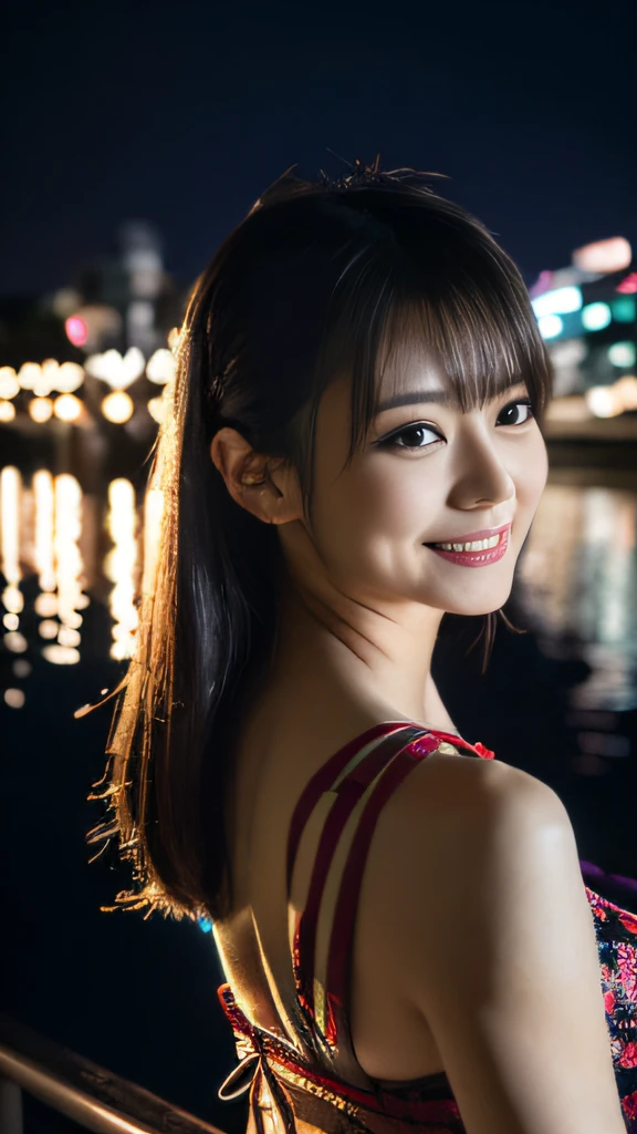 masutepiece, 8K, Best Quality, hight resolution, (photoreaslistic:1.2), 1girl in, (japanaese girl:1.25),（Upper body/Detailed face/Adorable smile）, Cinematic（20yr old）, (night view, look back) , (girlfriend)