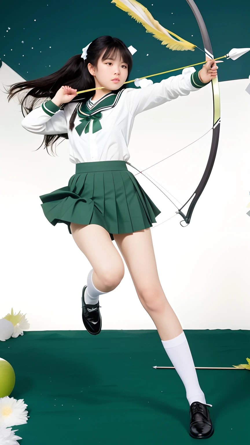 a girl with bow and arrow in front of a green background, long black hair, green and white  sailor school uniform, green short skirt, a cute girl, hyperralistic, long sockss, shoes