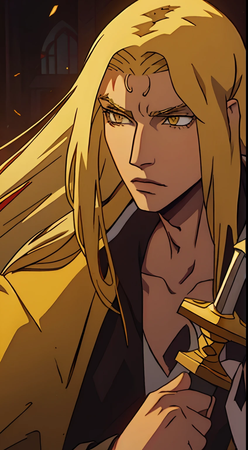 young boy, long yellow hair, yellow eyes, seductive, Alucard, Castlevania, handsome, 1 Man, solo, holding a sword