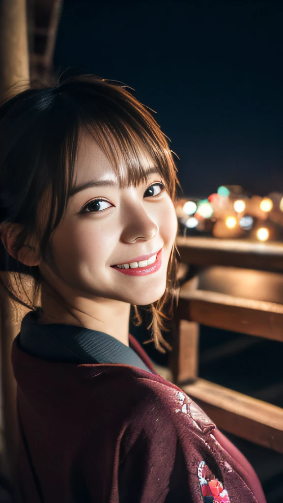 masutepiece, 8K, Best Quality, hight resolution, (photoreaslistic:1.2), 1girl in, (japanaese girl:1.25),（Upper body/Detailed face/Adorable smile）, Cinematic（20yr old）, (night view, look back) , (girlfriend)