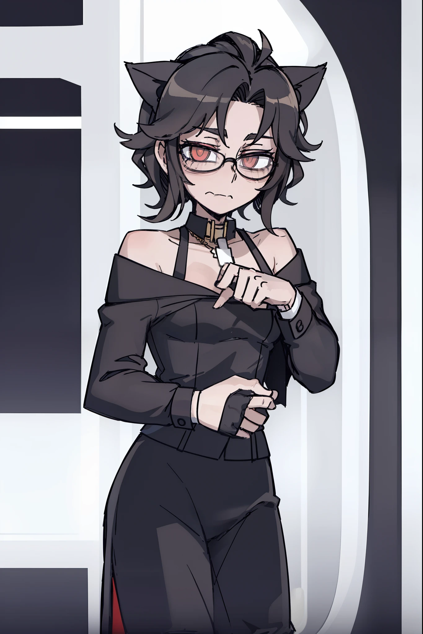 Masterpiece, femboy, feminine guy, ftm, transgender male, mullet hairstyle, wavy black hair, glasses, nekomimi, cat ears, 1boy, solo, best quality, petite, hazel eyes, retro artstyle, flat chest, shoulder length hair