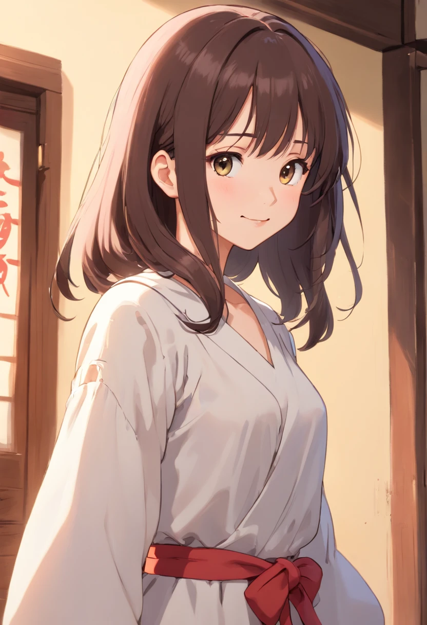 top-quality, Photorealsitic, masterpiece, 8K, Hi-Res, 独奏, 1girl in, (((infp young woman))),、full body Esbian、(small tits), ((Look at viewers)), (look at a camera), ((Different hairstyles close to long))、Perfect straight black hair、((With bangs))、 (profetional lighting), Highly detailed bright face、Gentle Japan girl、Lovely smile、Small cleavage、White Dress(long-sleeve)、Standing in the room