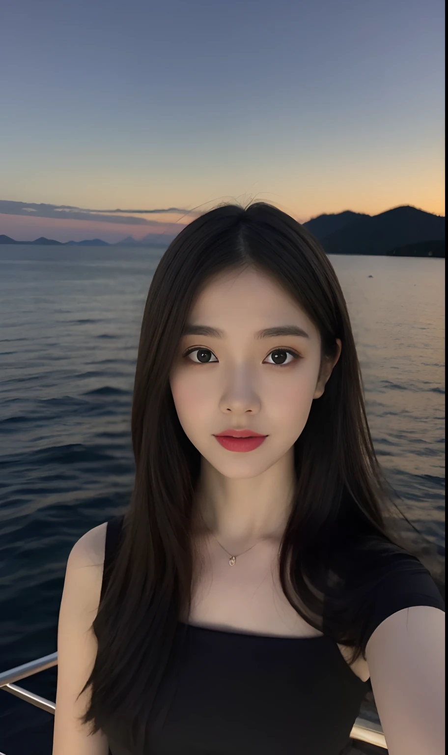 （Original photo of 8K，best qualtiy，tmasterpiece：1.2），（Medium view），the night，Night on a yacht，Sea and night view in the background，best qualtiy，tmasterpiece，（Small mouth：1.2），short- sleeved，short- sleeved，short- sleeved，short- sleeved，an extremely delicate and beautiful one，，astounding，finely detailled，tmasterpiece，Best quality at best，（age 22：1.2），Narrow waist，Slim，is shy，Pure，adolable，Bushy hair，Soft hair，big breasts beautiful，A detailed eye，（long whitr hair：1.2）