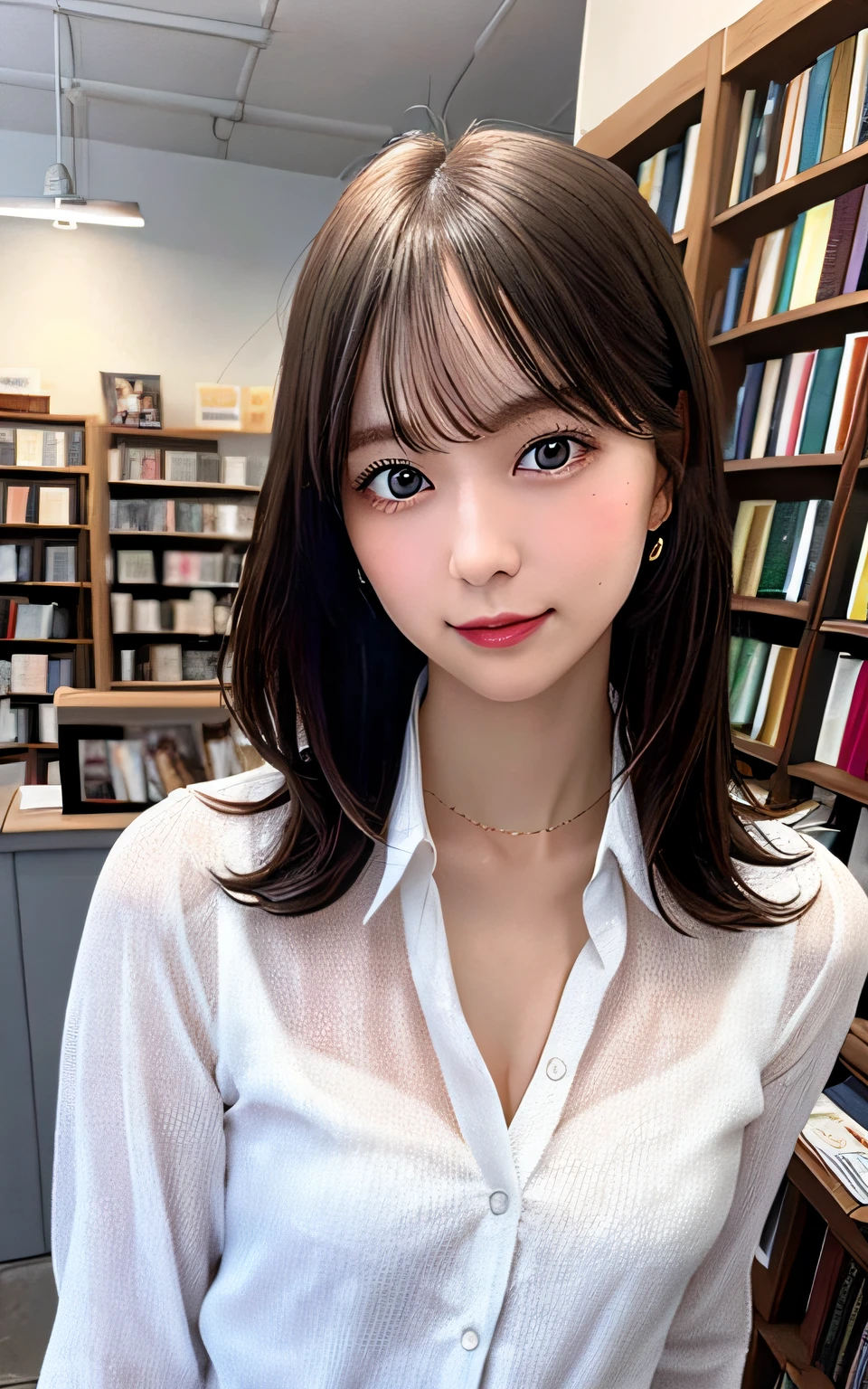 photo of a standing 30yo Caucasian woman inside a small bookshop,
intricate shirt, unbuttoned collar, Jewelry,
Detailed skin, Skin pores, (freckle:0.6), (moles:0.5), (pigmentation:0.5),
ambient warm light,
high quality photograph, 4K resolution, perfect photo was taken with a Sony dslr camera,
(Style-Empire)