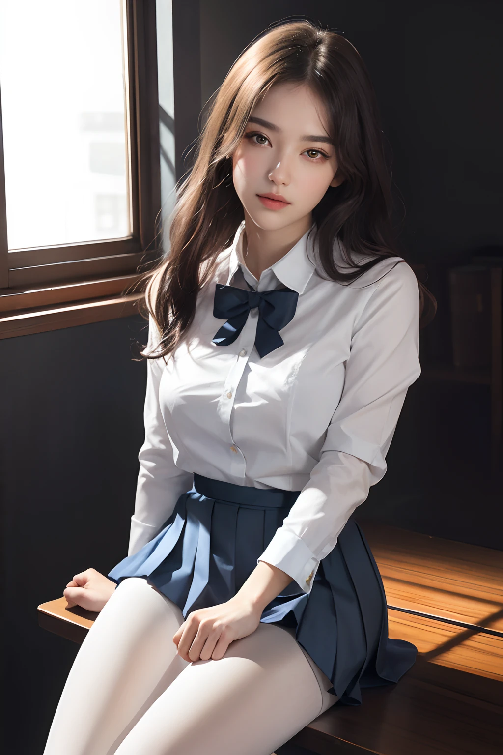 ultra realistic 8k cg, picture-perfect face, flawless, clean, masterpiece, professional artwork, famous artwork, perfect face, beautiful face, beautiful eyes, ((perfect female body)), solo,(immersive atmosphere, chiaroscuro:1.5,bright light:1.2,luminous lighting)
,,(blush:0.5),seductive expression,extremely detailed_eyes,thick thighs,large breasts,
beautifully detailed background,depth of field,realistic:1.3, long shot,1girl,shirt,pleated skirt, school uniform, sitting, full body,
(ambient light:1.3),(cinematic composition:1.3),(neon lights:0.1),(HDR:0.1),Accent Lighting, white pantyhose,