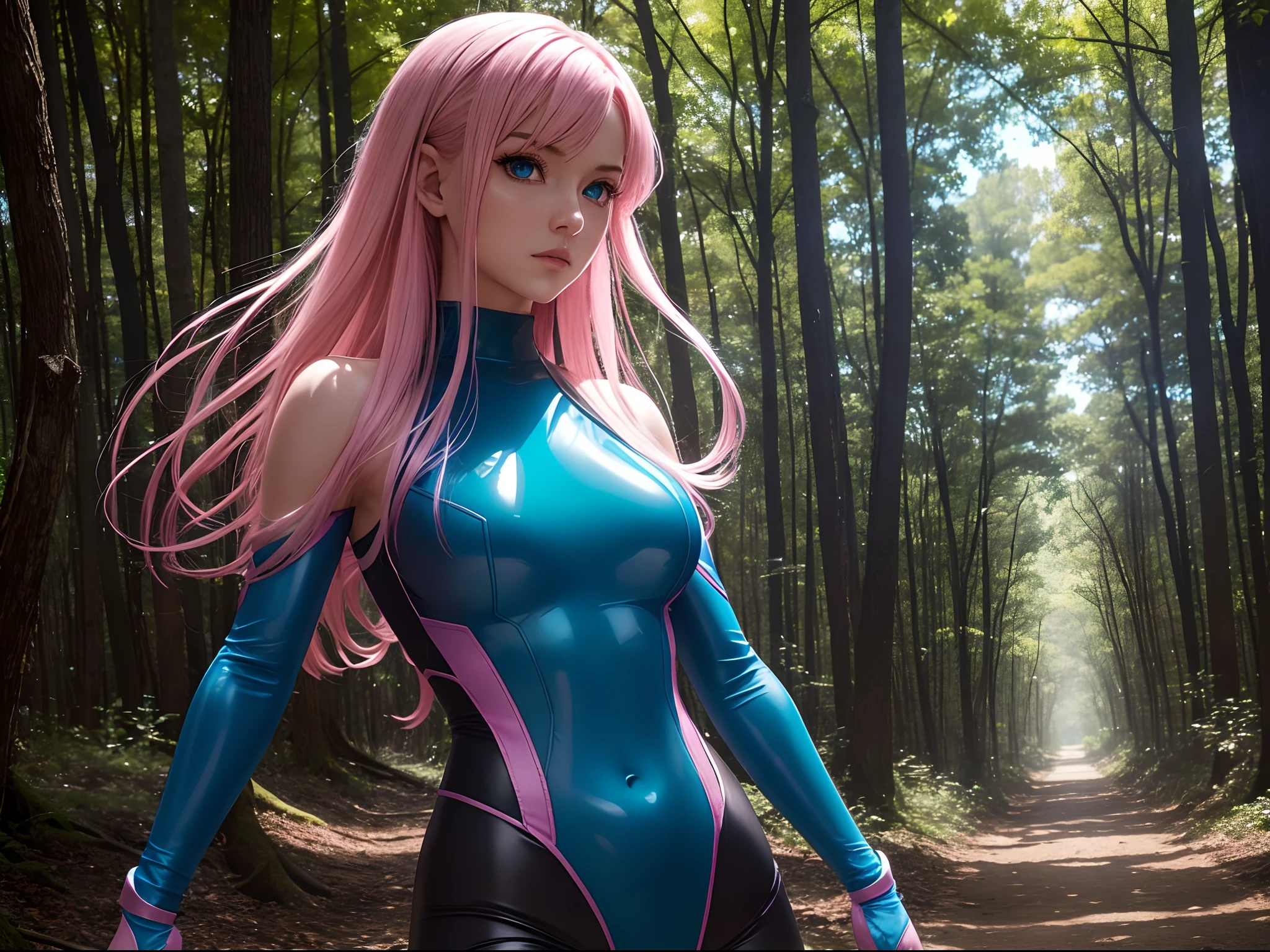 Translucent zero water, Velvet bra, zero suit, Contrast, god light, Blue eyes, Pink hair, Woods background, Absolute strength,