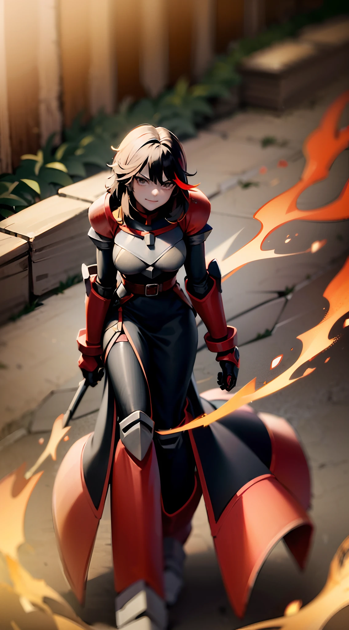 ((Masterpiece, Best Quality)): 1Girl, Princess Ryuko matoi wearing : Heavy red black and gold Knight Armor, black knight shoulder pauldrons, heavily armored black knight helmet, heavy mech armor, draconian armor, cyber armor red and black, gold belt, heavy red black dress, long hair, long tapered red dress with gold and black highlights, princess armor, long flowing black dress with red highlights and gold waist belt, red mechsuit, looking at viewer at eye-level, full-body, forest background, forest background with large mountains, heavy armored black gold and red dress, looking at viewer with closed smirk, dress with long tail