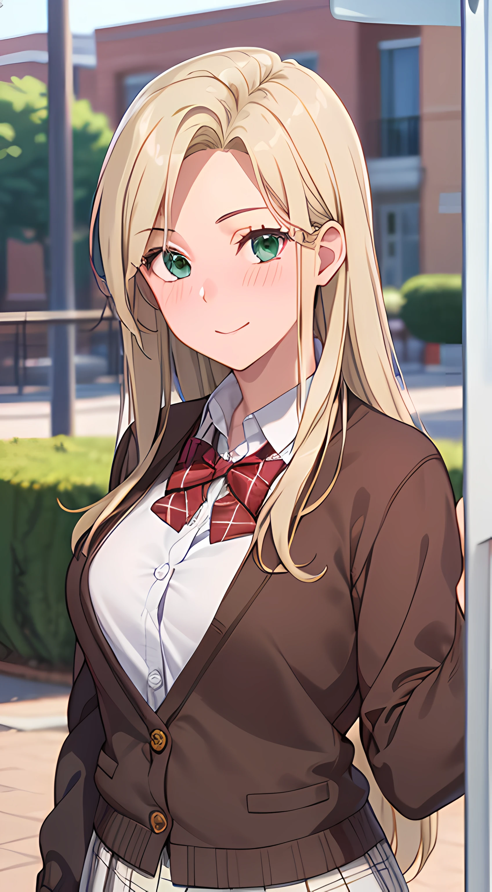 ((masterpiece, best quality, highres, UHD, perfect pixel, depth of field, 4k, RTX, HDR))), 1girl, single, solo, beautiful anime girl, beautiful artstyle, anime character, ((long hair, parted bangs, blonde hair)), ((green eyes:1.4, rounded eyes, beautiful eyelashes, realistic eyes)), ((detailed face, blushing:1.2)), ((smooth texture:0.75, realistic texture:0.65, photorealistic:1.1, anime CG style)), medium breasts, dynamic angle, perfect body, ((dynamic pose, pov)), ((red bowtie, school uniform, black jacket, open jacket, brown cardigan, white shirt, black skirt, plaid skirt)), smile, leaning forward, hands behind back, amusement park