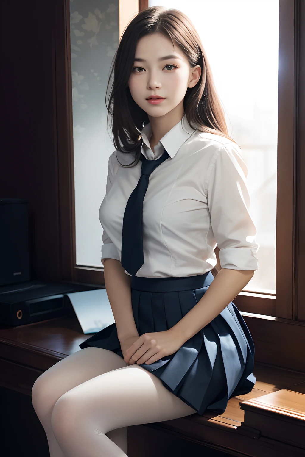 ultra realistic 8k cg, picture-perfect face, flawless, clean, masterpiece, professional artwork, famous artwork, perfect face, beautiful face, beautiful eyes, ((perfect female body)), solo,(immersive atmosphere, chiaroscuro:1.5,bright light:1.2,luminous lighting)
,,(blush:0.5),seductive expression,extremely detailed_eyes,thick thighs,large breasts,
beautifully detailed background,depth of field,realistic:1.3, long shot,1girl,shirt,pleated skirt, school uniform, sitting, full body, 
(ambient light:1.3),(cinematic composition:1.3),(neon lights:0.1),(HDR:0.1),Accent Lighting, white pantyhose,