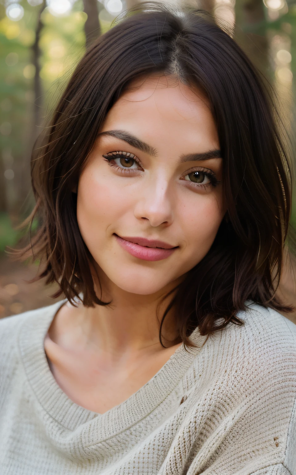 cute beautiful brunette, selfie, wide angle shot, dusky lighting, on a forest path, wearing a thick sweater, eyeliner, very detailed, 22 years old, flirty face, smiling, short hair, brown eyes, high-res, masterpiece, best quality, intricate details, highly detailed, sharp focus, detailed skin, realistic skin texture, detailed eyes, professional, 4k, shot on Canon, 85mm,shallow depth of field, kodak vision color, eyeshadow, extremely detailed, photo_\(ultra\), photorealistic, realistic, post-processing, max detail, roughness, real life, ultra realistic, photorealism, photography, 8k uhd, photography,