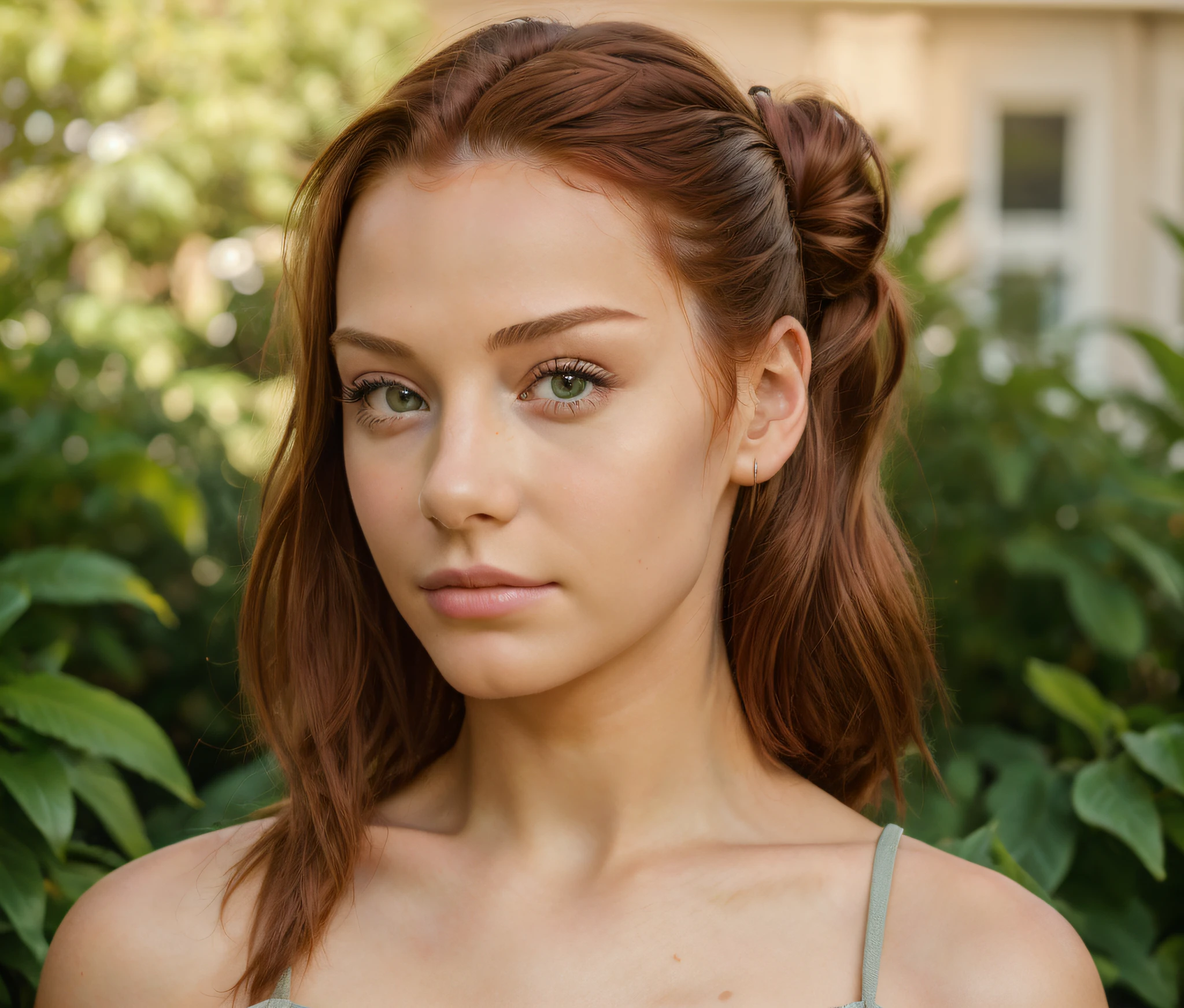 ((Best quality, 8k, Masterpiece :1.3)) skinny auburn hair teen hyper-real skin hyper-real face real skin 8k 18 year old hair pulled back into bun style front-on portrait hair out of face full face see all of face