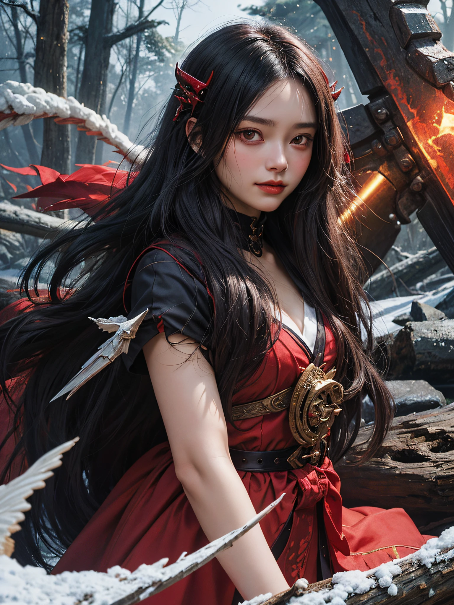 Black Knight,red eyes,black long hair,white skin,,crimson sword,holding a big ax big ax in both hands,dark background,red giant moon,black clothes with red,both hands have sword,thick clothes,thick fabric,pretty girl,cute girl,in the dark forest,Japanese demon girl,devil's weapon,demon horn,small breasts,smile,ruddy skin,in he forest,forest,red forest