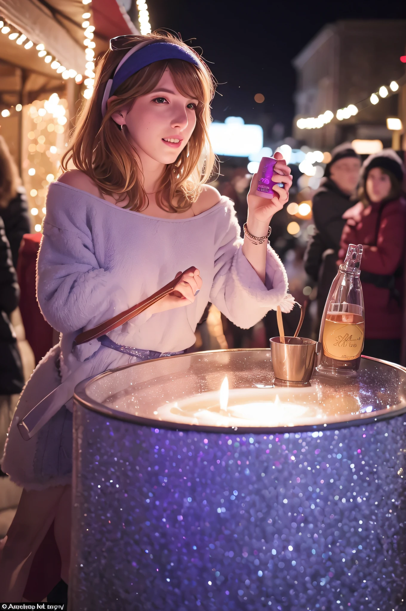 BarbaraEvenot, dans son [Neon blue] Winter earmuffs, enjoy a cup of mulled wine at a Christmas market. The stalls, adorned with lights and decorations, create a festive atmosphere. Une [Rose fluorescent] sparkle around her, making the scene look like a winter wonderland.