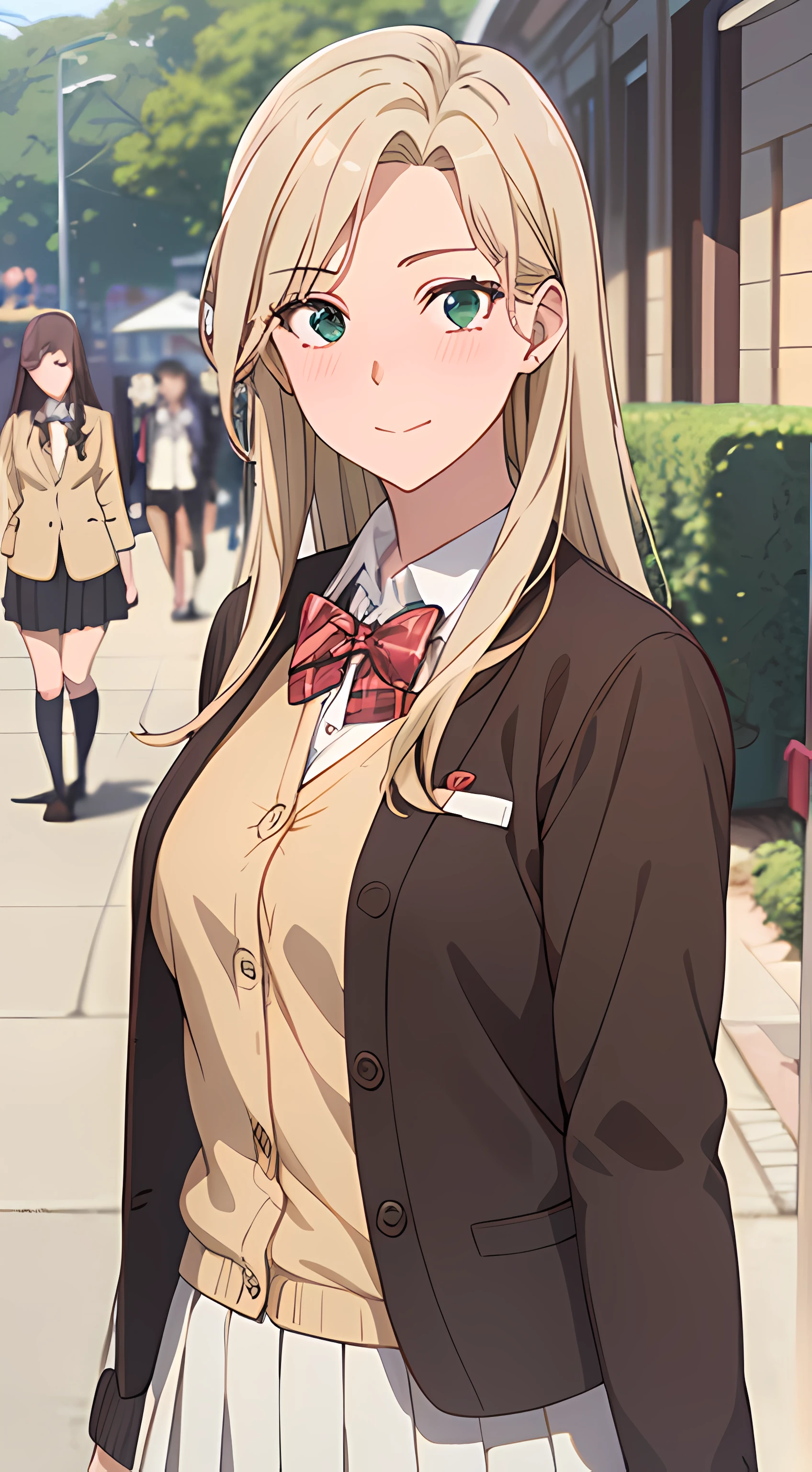 ((masterpiece, best quality, highres, UHD, perfect pixel, depth of field, 4k, RTX, HDR))), 1girl, single, solo, beautiful anime girl, beautiful artstyle, anime character, ((long hair, parted bangs, blonde hair)), ((green eyes:1.4, rounded eyes, beautiful eyelashes, realistic eyes)), ((detailed face, blushing:1.2)), ((smooth texture:0.75, realistic texture:0.65, photorealistic:1.1, anime CG style)), medium breasts, dynamic angle, perfect body, ((dynamic pose, pov)), ((red bowtie, school uniform, black jacket, open jacket, brown cardigan, white shirt, black skirt, plaid skirt)), smile, leaning forward, hands behind back, amusement park