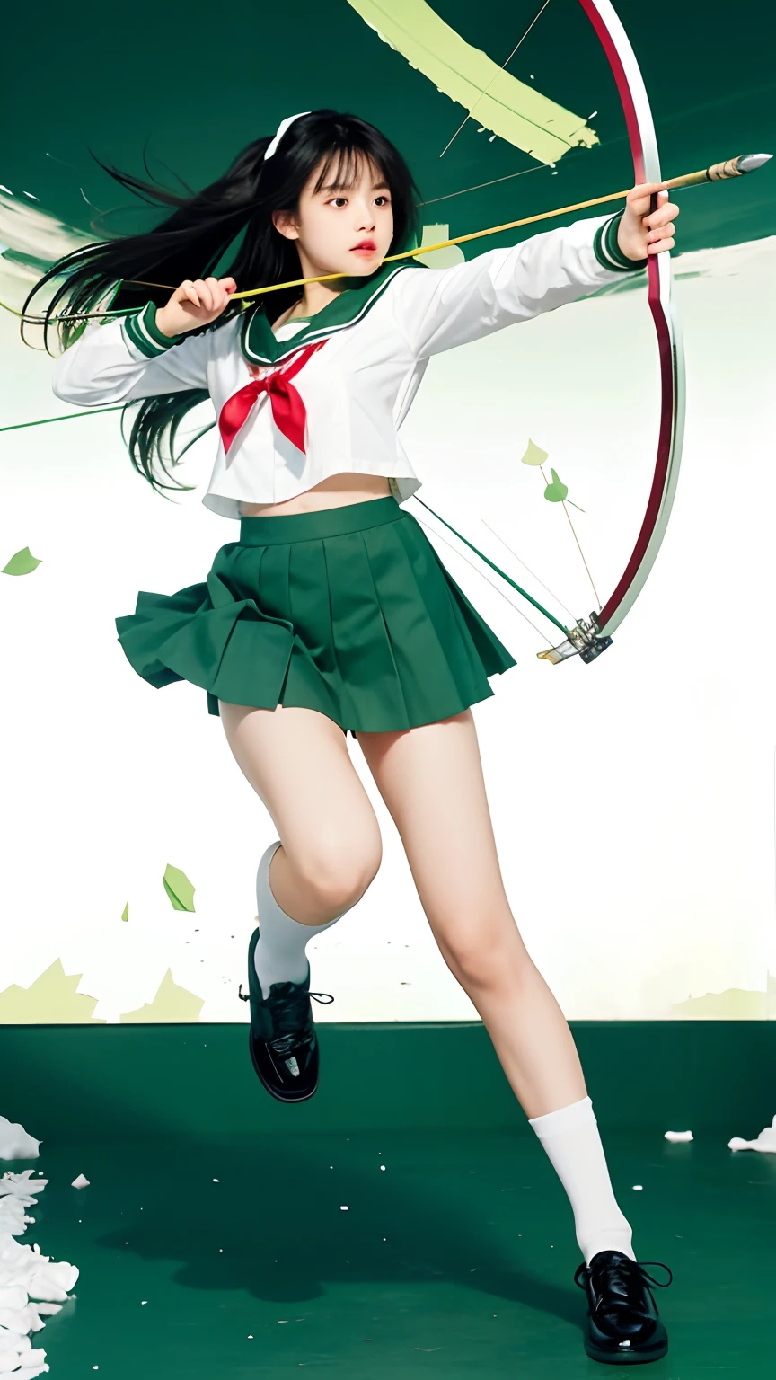 a girl with bow and arrow in front of a green background, long black hair, green and white sailor school uniform, green short skirt, a cute girl, hyperralistic, long sockss, shoes