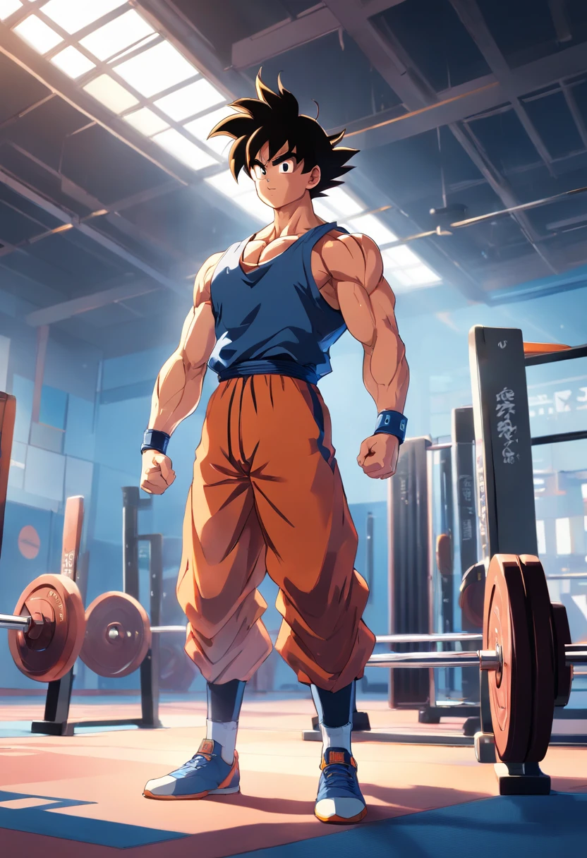 aang in gym clothes training intensely in a bodybuilding gym, buff, looking a viewer, gym, muscle , working out,