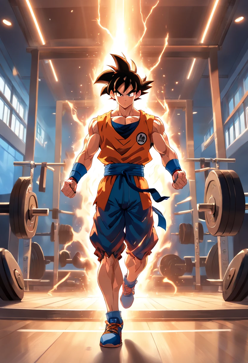 (Gym scene) Goku lights up at the gym, Intense training, Muscular physique, dripping sweat, Targeted expression, flexing of muscles, bulging biceps, Torn ABS, Poids lourds, Vibrant energy, puissance explosive, Mouvement dynamique, determination, Passionate training, Adrenaline, Super Saiyan aura, couleurs vives, Vibrant atmosphere, Gymscape, Energy beams, Intense training, Repousser les limites, Training Assembly, Train like a warrior, Condition physique optimale, Muscle definition, High-intensity training, sculpted physics, Epic transformation, Courage and determination, Iconic pose, Fiery energy, Fierce determination, Guerrier de gymnastique, Sculpter le corps parfait, Force surhumaine, Repousser les limites, Mastery of weightlifting, Endurance incroyable, Goku's unstoppable spirit, Le voyage vers la grandeur, Unlimited potential.