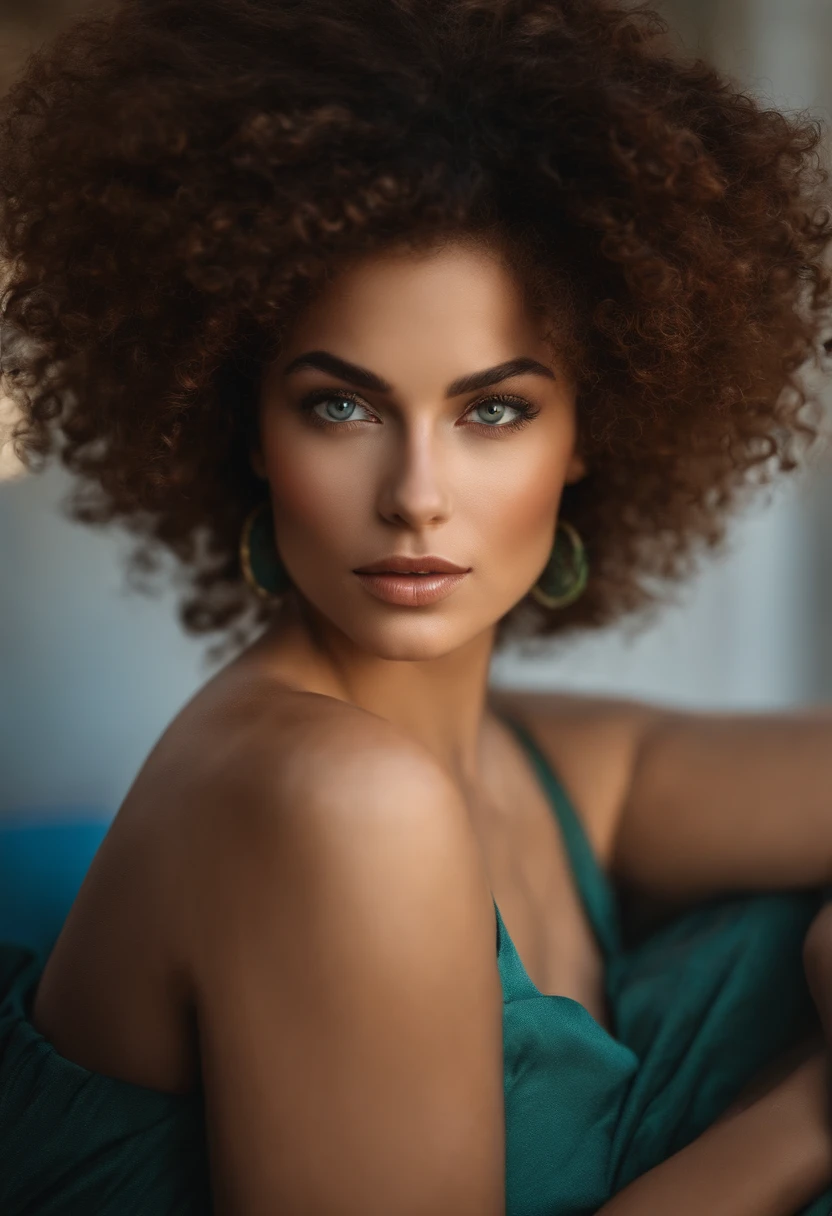 Woman with curly hair, Yeux verts, peau brune