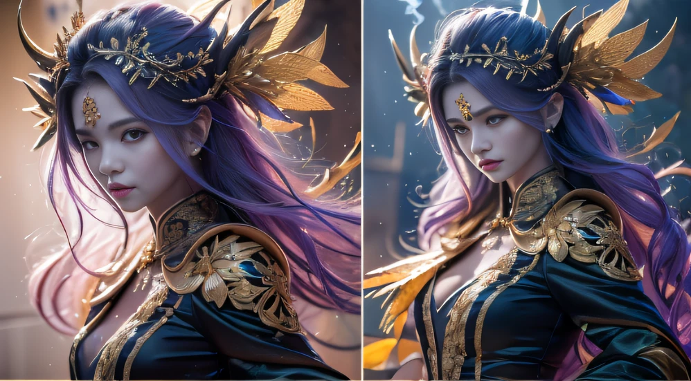Fantasy Fairy 32K(tmasterpiece,k hd,hyper HD,32K)flowing long black hair,Autumn Pond,zydink, a color, Fantasy fairy(Playful girl), (Silk scarf), Combat posture, looking at the ground, long whitr hair, Floating black, Fire cloud pattern gold tiara, Chinese long-sleeved gold silk garment,Fantasy fairy (abstract ink splash:1.2), smoky background,Lotus protector(realisticlying:1.4),Bright purple hair,Smoke on the road,The background is pure, A high resolution, the detail, RAW photogr, Sharp Re, Nikon D850 Film Stock Photo by Jefferies Lee 4 Kodak Portra 400 Camera F1.6 shots, Rich colors, ultra-realistic vivid textures, Dramatic lighting, Unreal Engine Art Station Trend, cinestir 800,Fantasy fairy