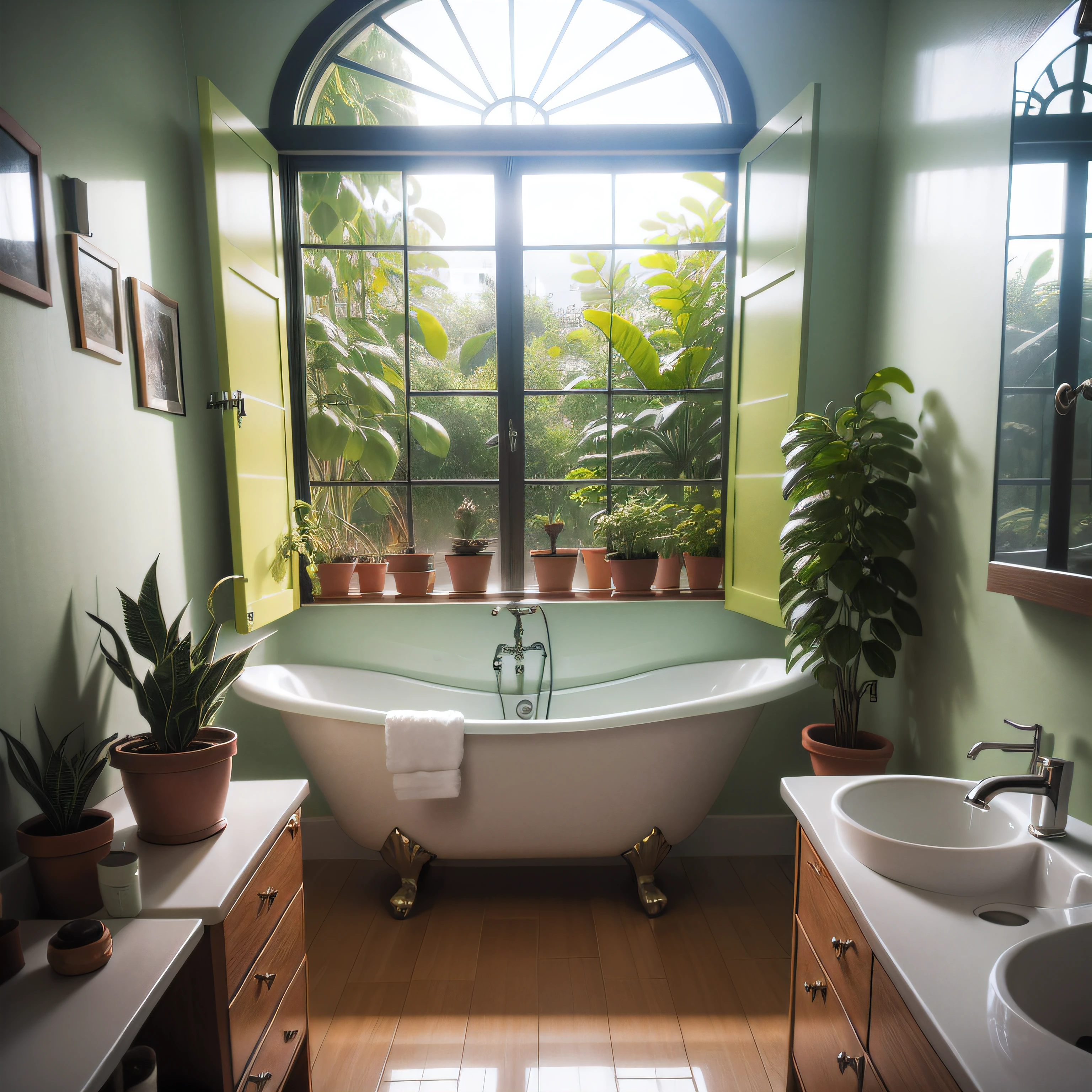 phtograph,A bathroom full of plants and lots of windows(Estilo cubierto de maleza:1)