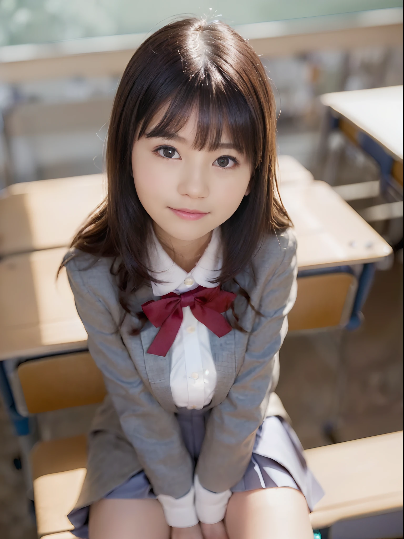 ((8k、RAW Photography、top-quality、masterpiece)、high definition RAW color photos professional close-up photos、(realisitic、photorealisim:1.37)、(top-quality)、(Best Shadows)、(The best illustrations)、鎖骨((huge tit))、((超A high resolution、high-definition CG unified 8K wallpapers、physically-based renderingt、Cinematographic lighting)、(aegyo sal:1)、a 18 year old girl、 (Gray blazer、bow ribbon、sockes、high-school uniform:1.2)、High School Classroom, beautiful finely detailed eyes, Light on the face, ((FULL BODYSHOT:1.2)), especially strong light, (Kamimei、Grinning smile:1.2),glowy skin、((A dark-haired、bobhair:1.2))、( thick thight), ulzzang-6500-v1.1:0.2, full of shyness, (The Flash:1.2), NSFW, (puffies, ((enchanting posture:1.2, enticing:1.2)), (idol)、((Sitting at a desk in a classroom:1.2)), ((Good anatomy:1.2))、((Bright and refreshing classroom、Blur background:1.2))、face perfect、kawaii faces、(high angle shot:1.2)