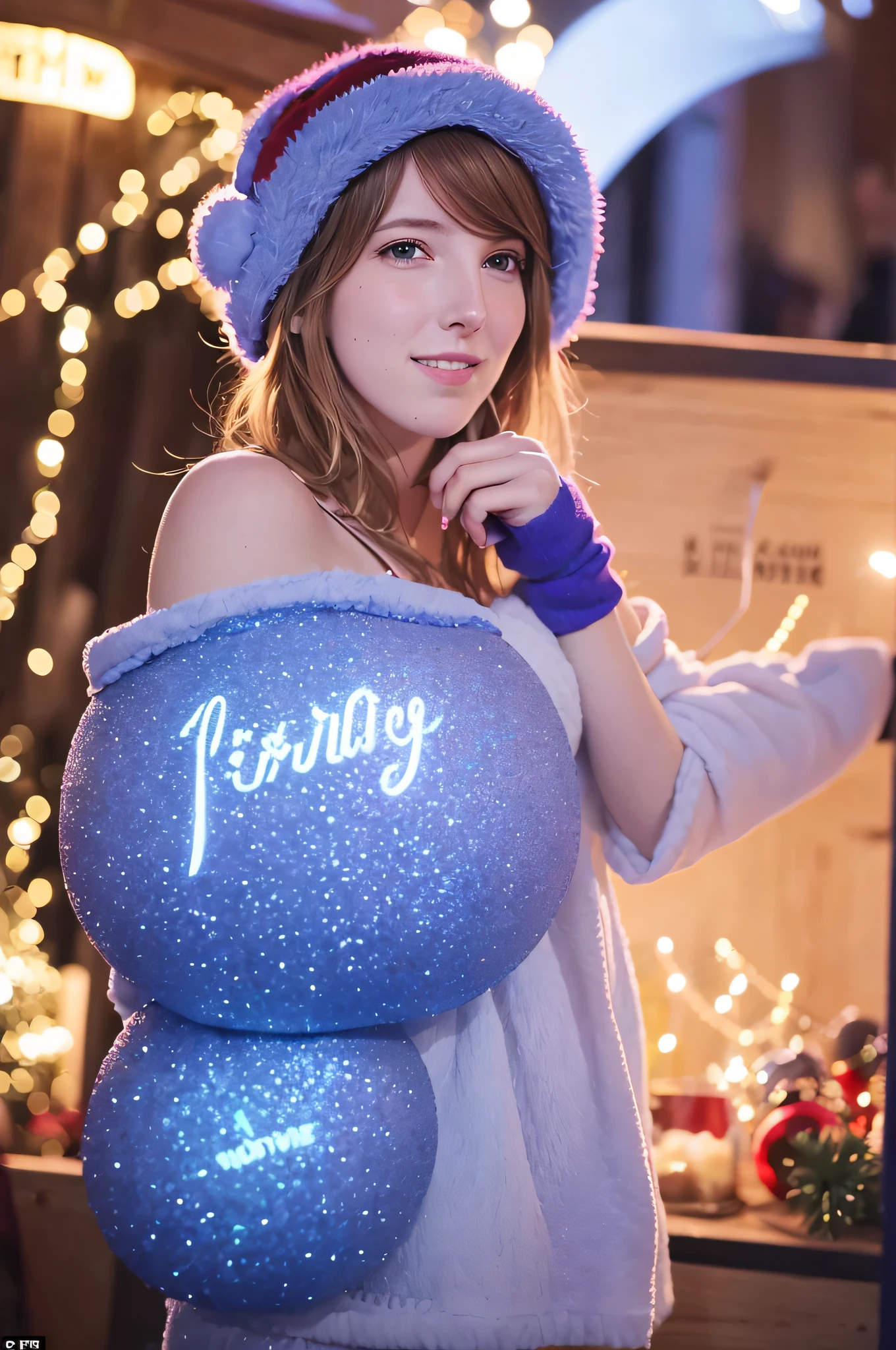 BarbaraEvenot, dans son [Neon blue] Winter earmuffs, enjoy a cup of mulled wine at a Christmas market. The stalls, adorned with lights and decorations, create a festive atmosphere. Une [Rose fluorescent] sparkle around her, making the scene look like a winter wonderland.