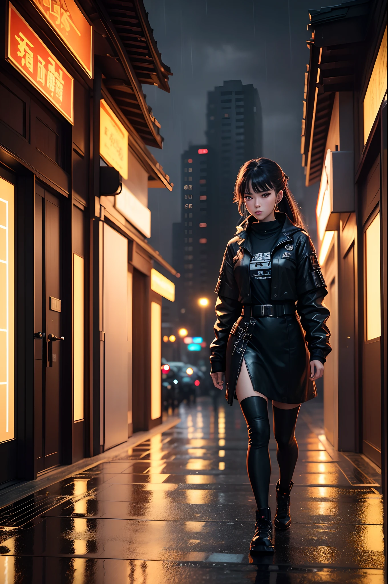 Best quality at best,tmasterpiece,A high resolution,8k uhd,high qulity,Volumetriclighting,A high resolution,4k,8k,cyber punk perssonage,Chinese style buildings,Rainy nights,A teenager,Cyborg life,ran
