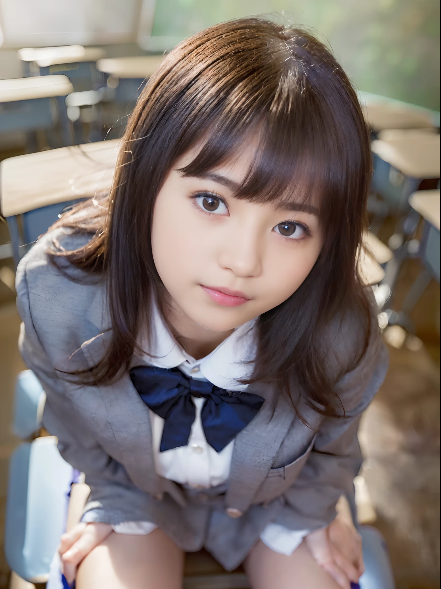 ((8k、RAW Photography、top-quality、masterpiece)、high definition RAW color photos professional close-up photos、(realisitic、photorealisim:1.37)、(top-quality)、(Best Shadows)、(The best illustrations)、鎖骨((huge tit))、((超A high resolution、high-definition CG unified 8K wallpapers、physically-based renderingt、Cinematographic lighting)、(aegyo sal:1)、a 18 year old girl、 (Gray blazer、bow ribbon、sockes、high-school uniform:1.2)、High School Classroom, beautiful finely detailed eyes, Light on the face, ((FULL BODYSHOT:1.2)), especially strong light, (Kamimei、Grinning smile:1.2),glowy skin、((A dark-haired、bobhair:1.2))、( thick thight), ulzzang-6500-v1.1:0.2, full of shyness, (The Flash:1.2), NSFW, (puffies, ((enchanting posture:1.2, enticing:1.2)), (idol)、((Sitting at a desk in a classroom:1.2)), ((Good anatomy:1.2))、((Bright and refreshing classroom、Blur background:1.2))、face perfect、kawaii faces、(high angle shot:1.2)