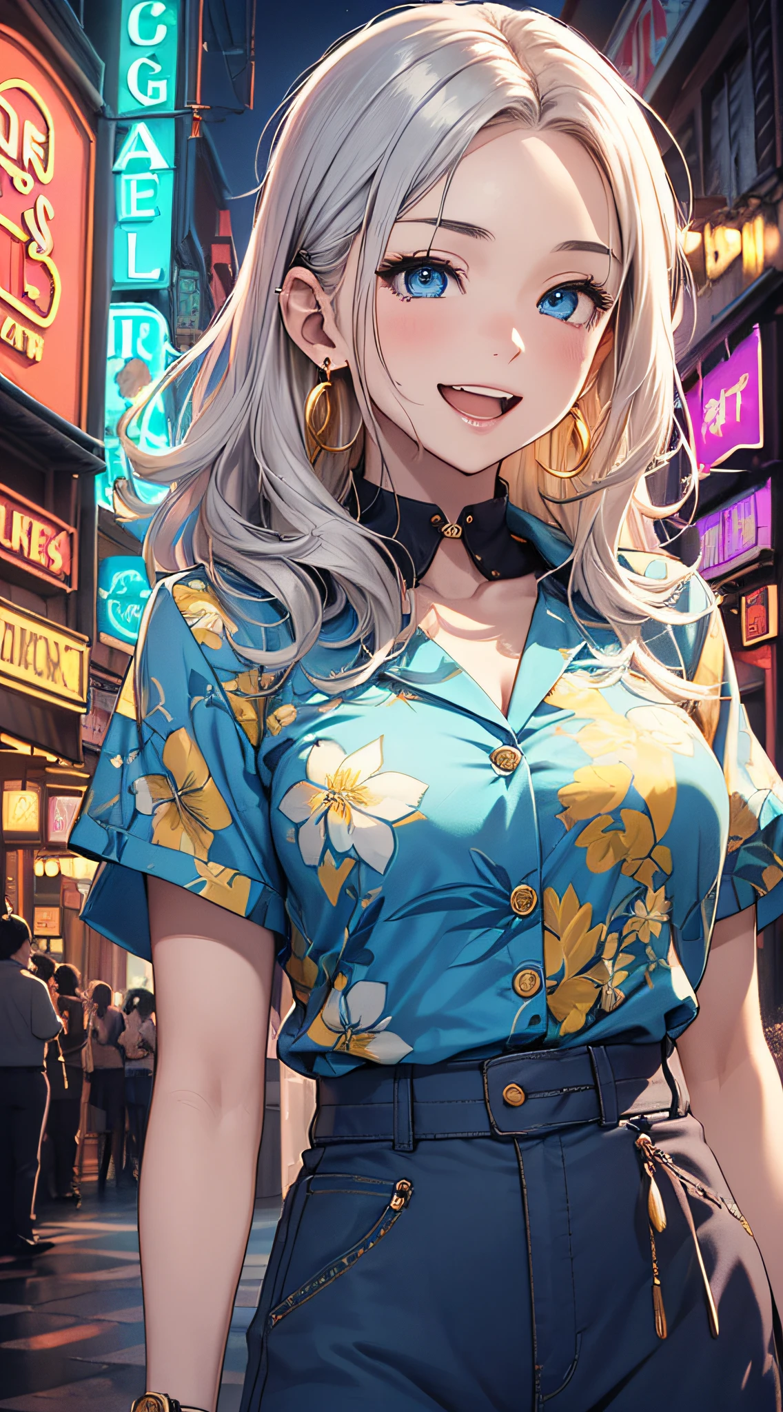 top-quality、Top image quality、masterpiece、girl with((18year old、 Beautiful Aloha Shirts、Blue long trousers、Best Bust、Bust 85、a blond、Semi-long、Blue eyes、open chest wide、Valley、Happiness、A slender、great laughter、Gold Earrings、Silver Watch、bending forward、Trouble Pose))hiquality、Beautiful Art、Background with((Night Bar、Neon lighting)、masutepiece、Elaborate design、visualart