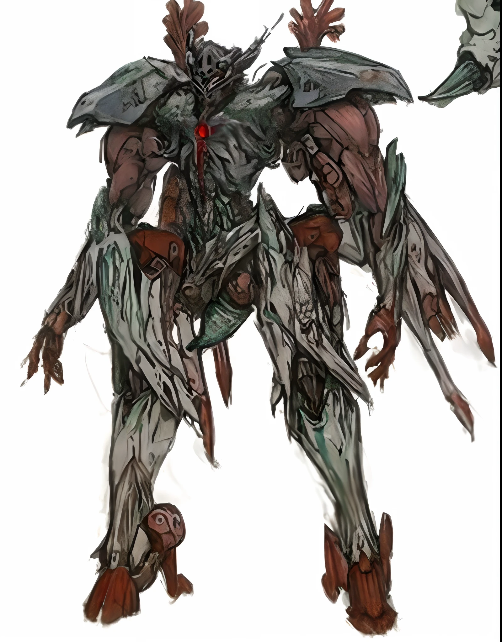 a close up of a drawing of a monster with a bird on it, evangelion concept art, zone of enders, evangelion third impact inspired, humanoid form, resident evil virus concept art, a humanoid thistle monster, broken ruin armored core trunk, demogorgon, pterodactyl mecha, anime robotic mixed with organic, zone of the enders