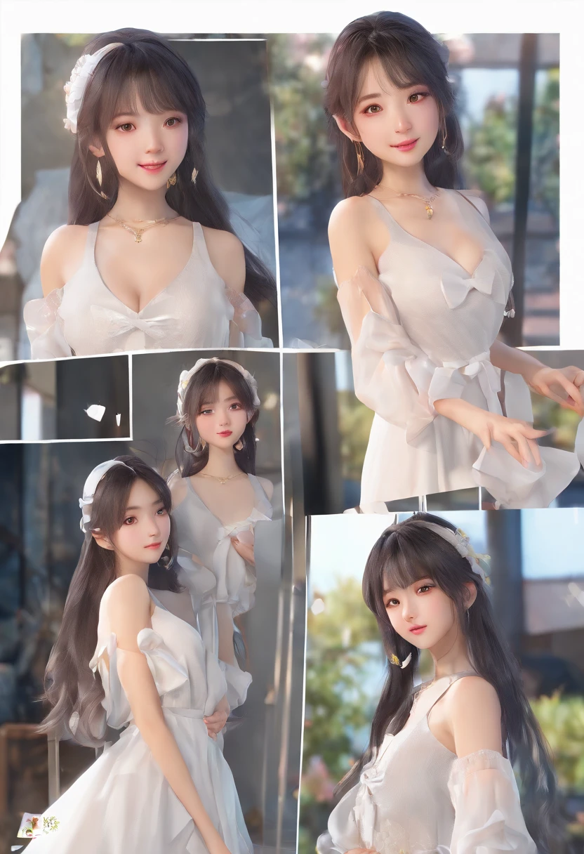 top-quality, Photorealsitic, ​masterpiece, 8K, Hi-Res, 独奏, 1girl in, (((infp young woman))),、full body Esbian、(small tits), ((Look at viewers)), (look at a camera), ((Different hairstyles close to long)）、Perfect straight black hair、((With bangs))、 (profetional lighting), Highly detailed bright face、Gentle Japan girl、Lovely smile、large breasts cleavage、White Dress（long-sleeve）、Standing in the room